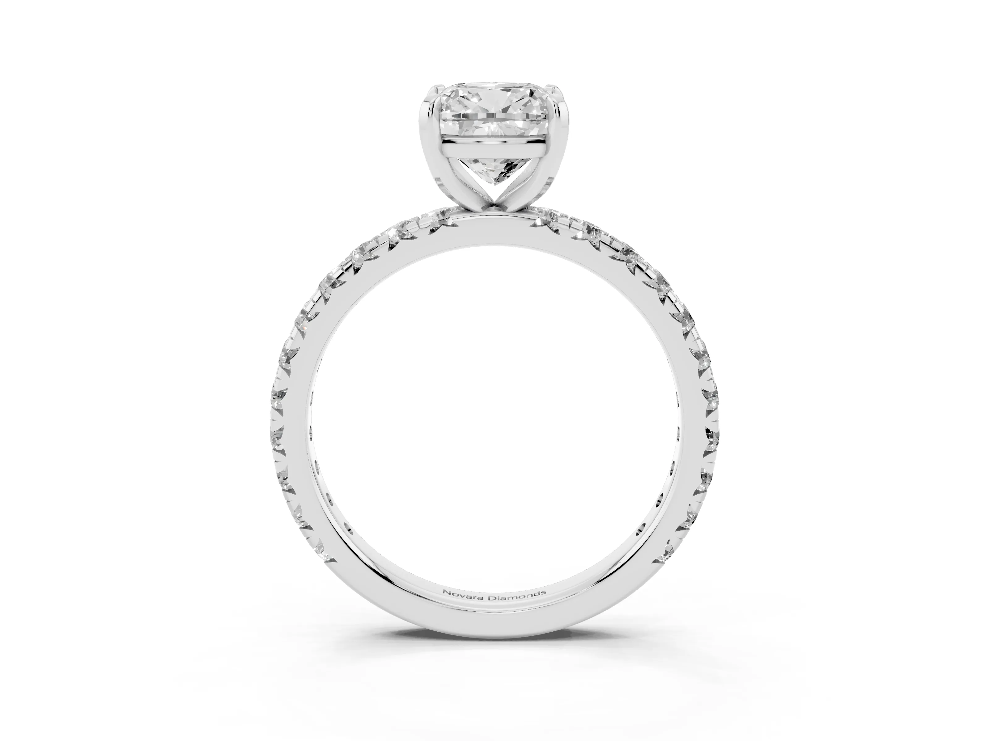 Cushion Cut Diamond Pavé Solitaire Ring Set in White gold with Round Band and Prong Setting