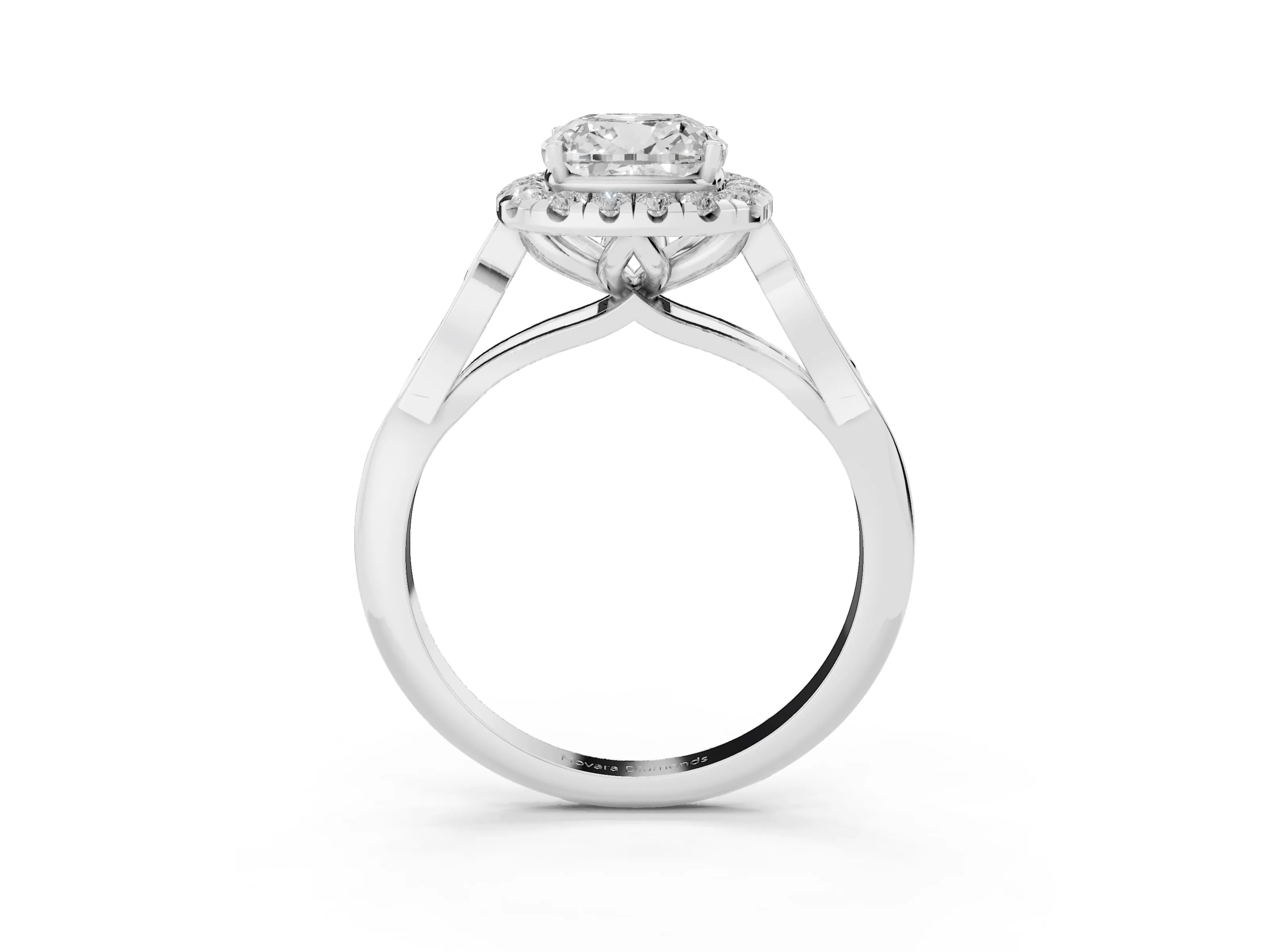 Cushion Cut Diamond Halo Engagement Ring Set in Platinum with Filigree Band and Prong-Set Center