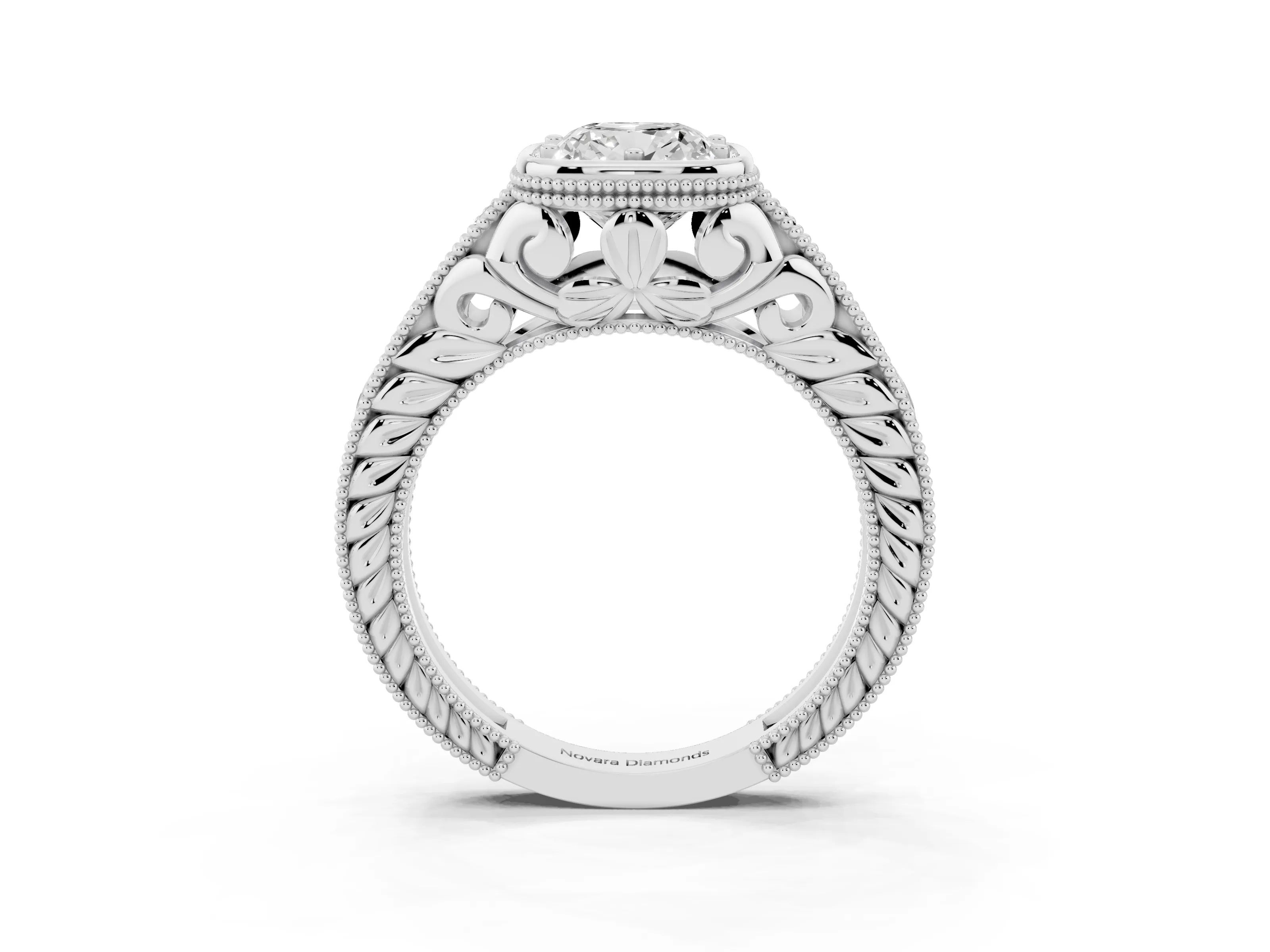 Bezel Set Cushion Cut Diamond Milgrain Pavé Engagement Ring Set in Silver