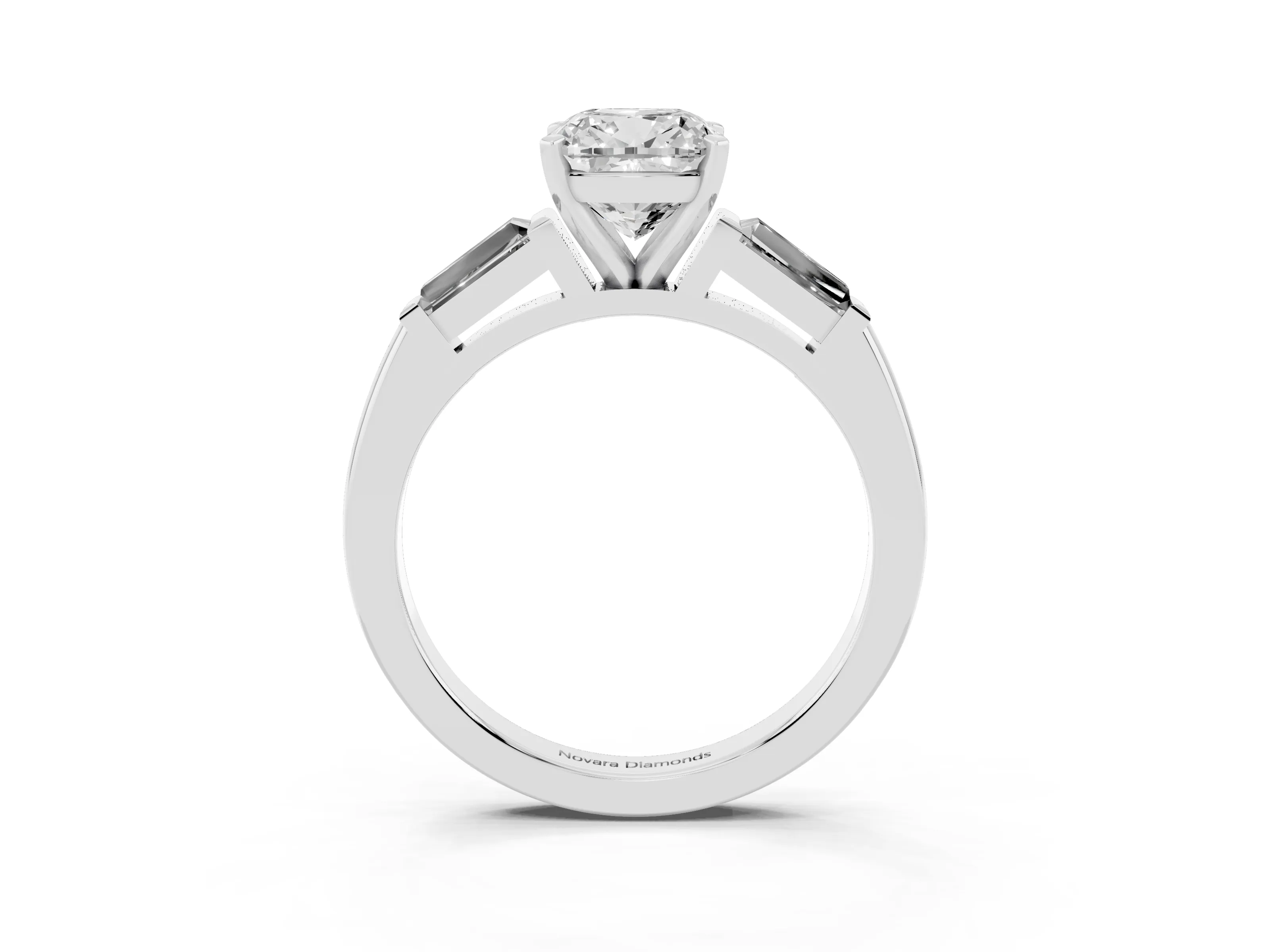 Cushion Cut Diamond Solitaire Ring Set in Platinum with Tapered Baguette Side Stones and Prong Setting