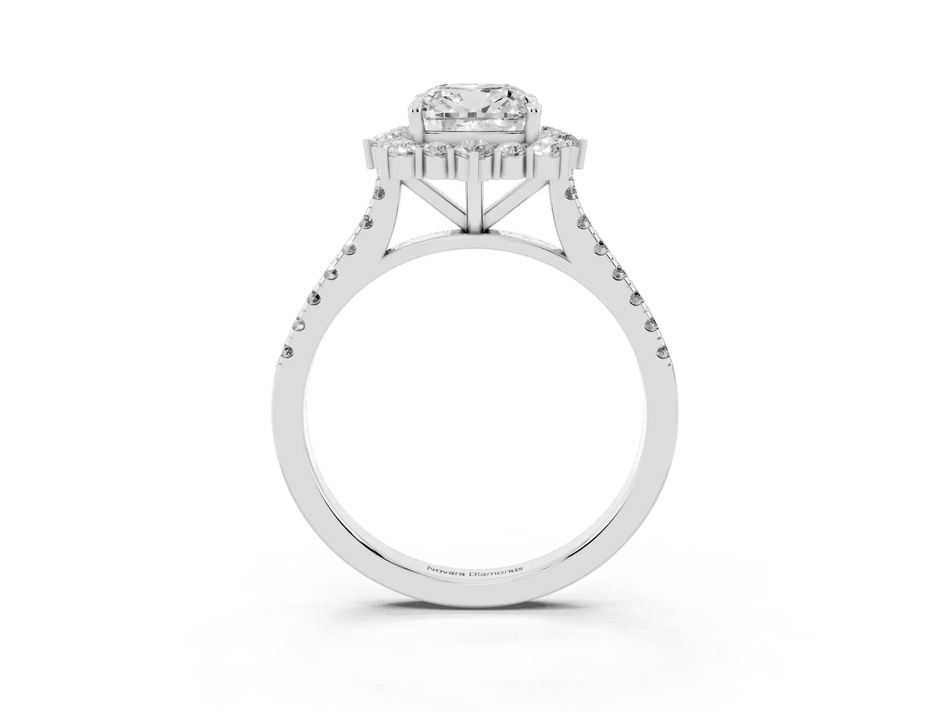 Cushion Cut Diamond Halo Ring Set in Silver with Pavé Band and Prong Setting