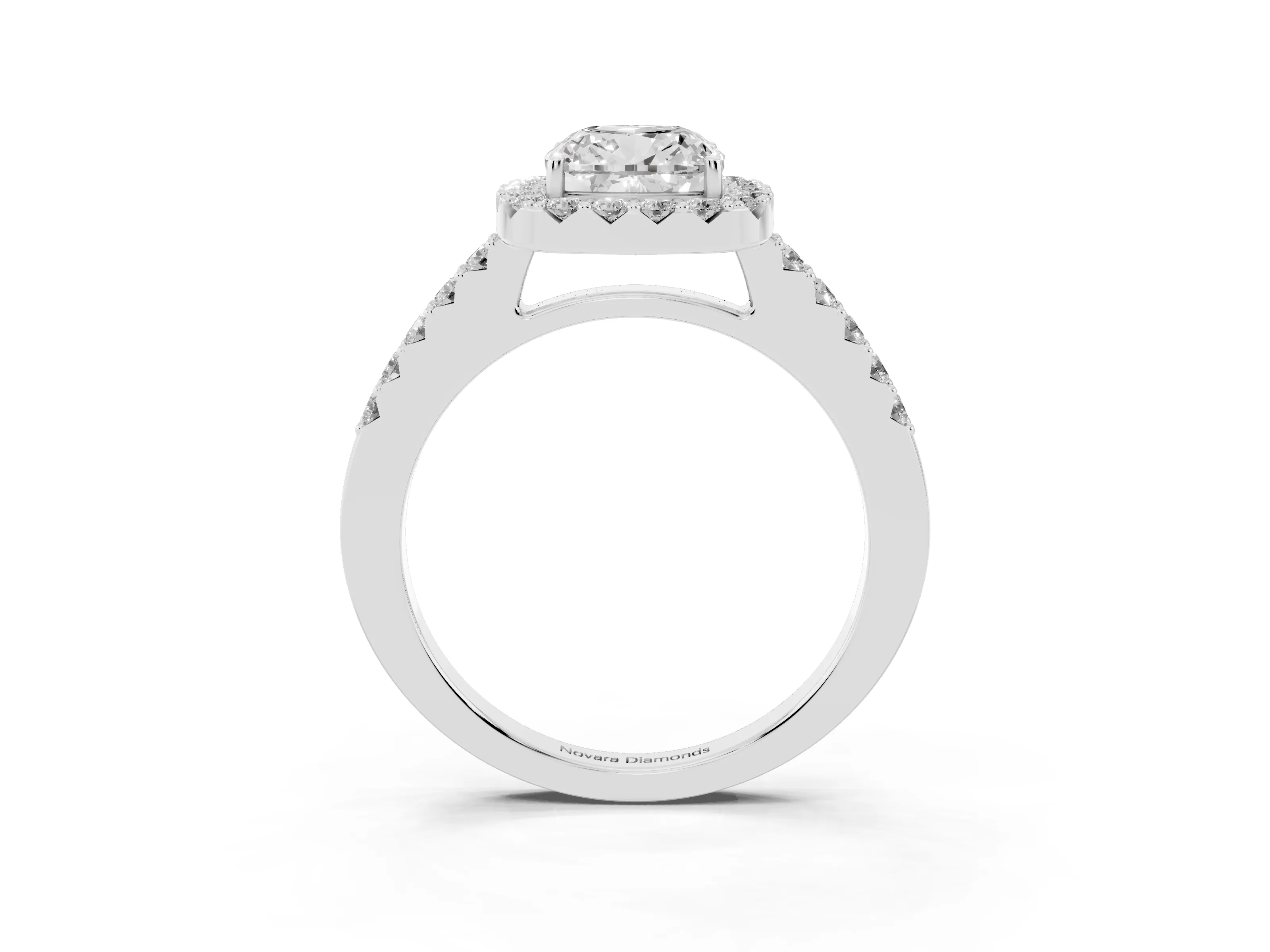 Cushion Cut Diamond Halo Pavé Solitaire Ring Set in Platinum with Prong-Set Center Stone