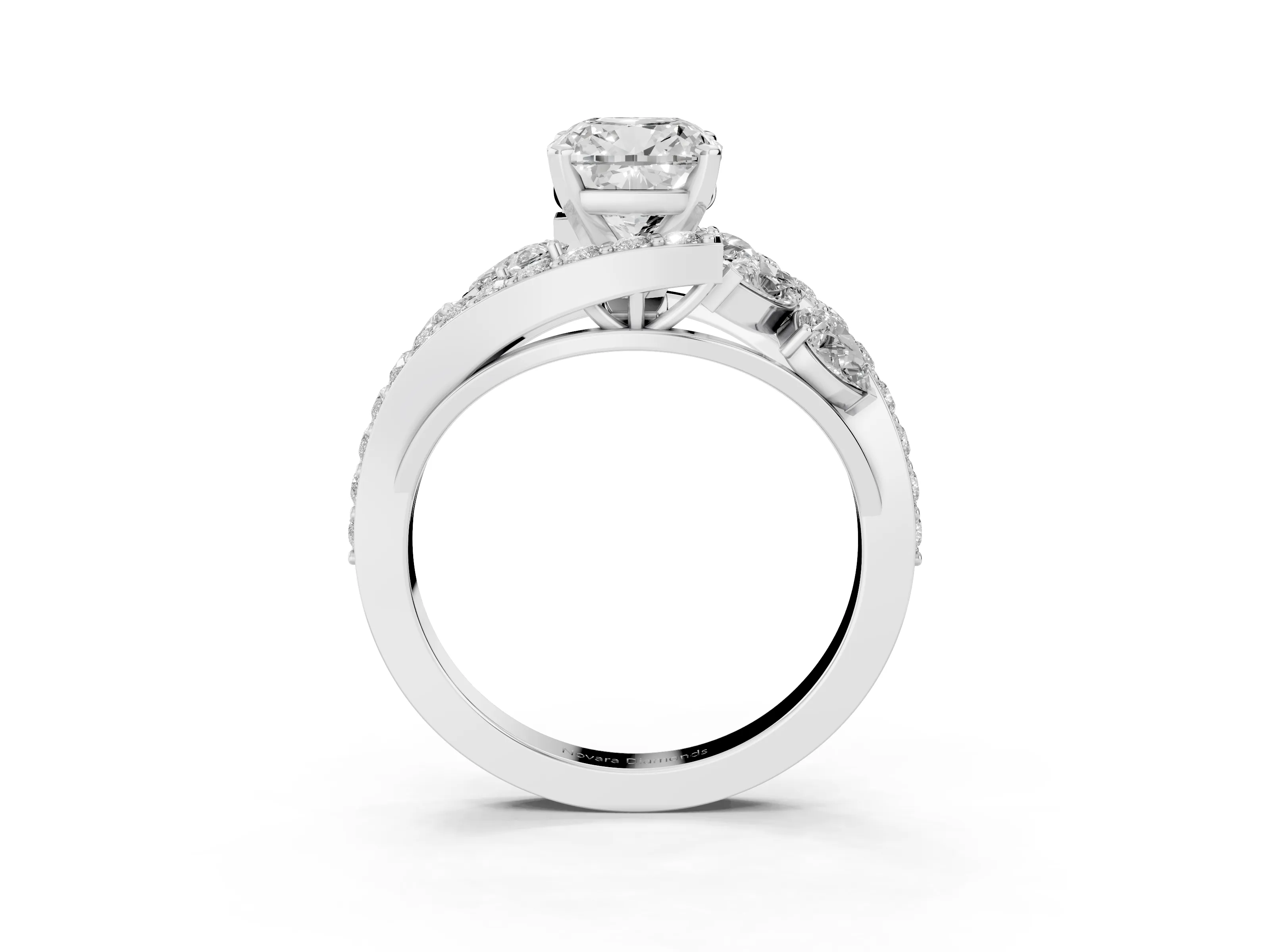 Cushion Cut Diamond Halo Ring Set in Platinum with Marquise and Pavé Band in Prong Setting