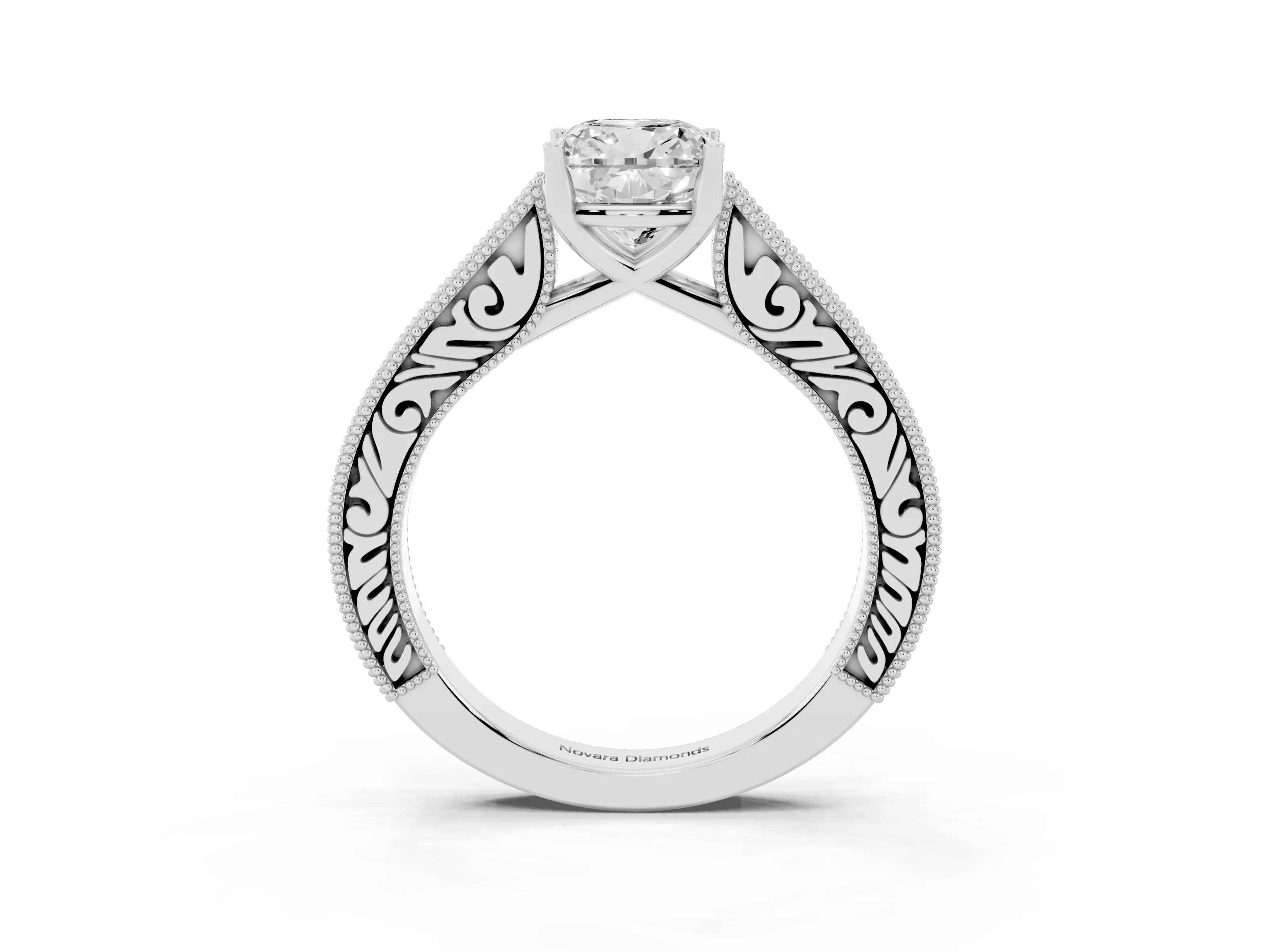 Cushion Cut Diamond Milgrain Pavé Band Solitaire Ring Set in Platinum with Prong Setting