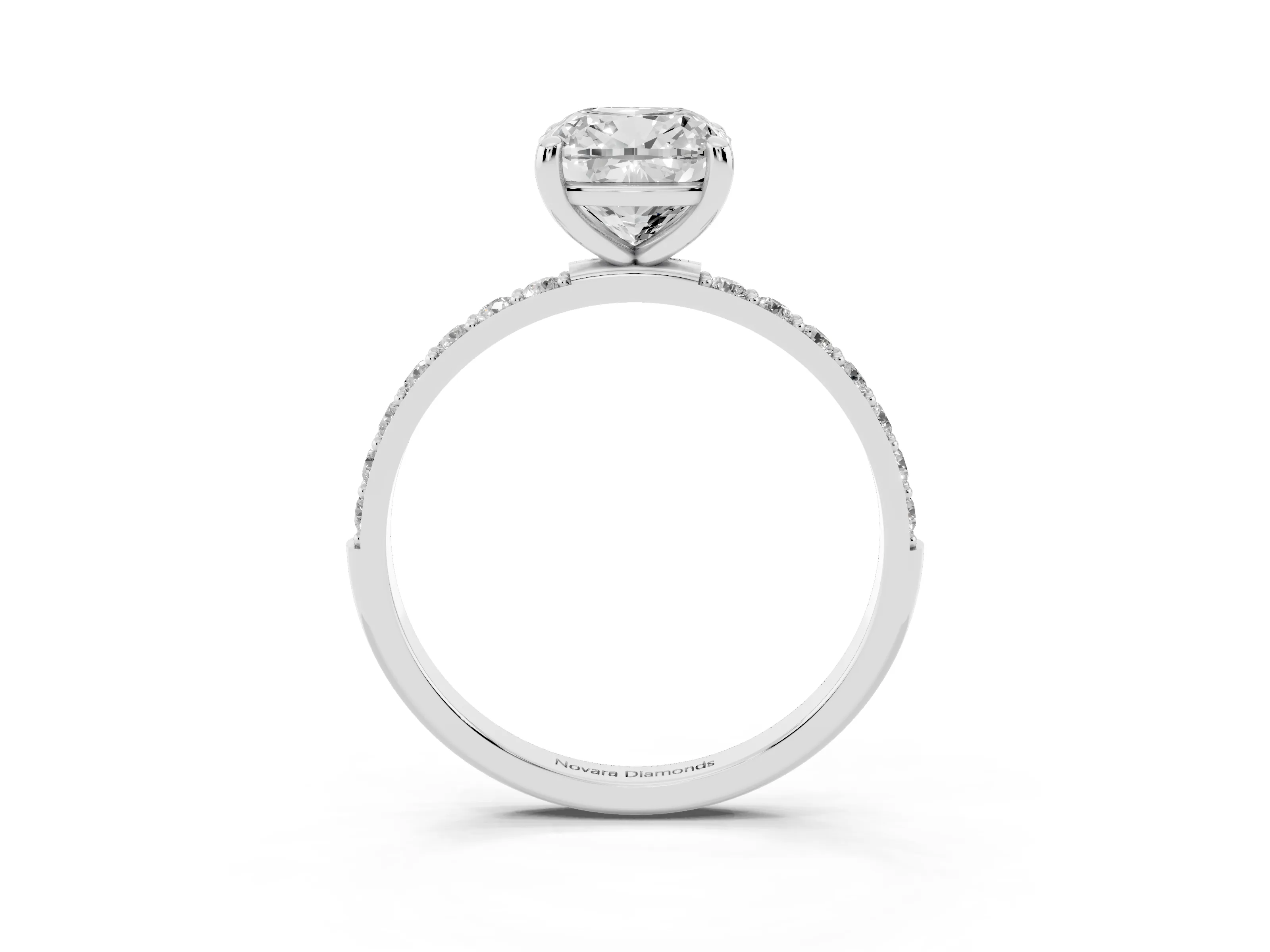 Cushion Cut Diamond Solitaire Ring Set in Platinum with Round Pavé Band and Prong Setting