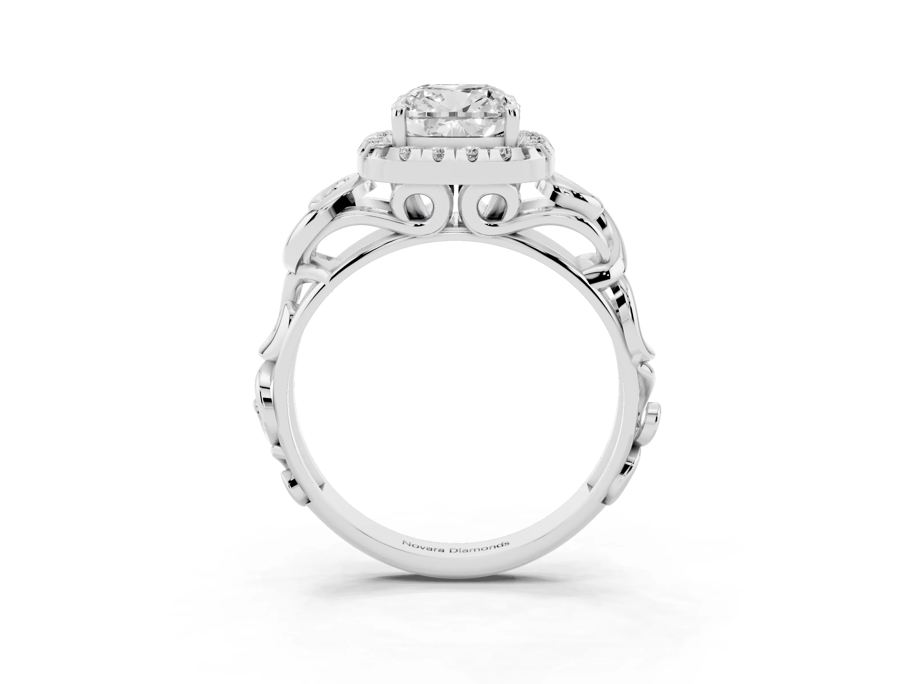Cushion Cut Diamond Halo Ring Set in Platinum with Scrollwork Band and Prong Setting