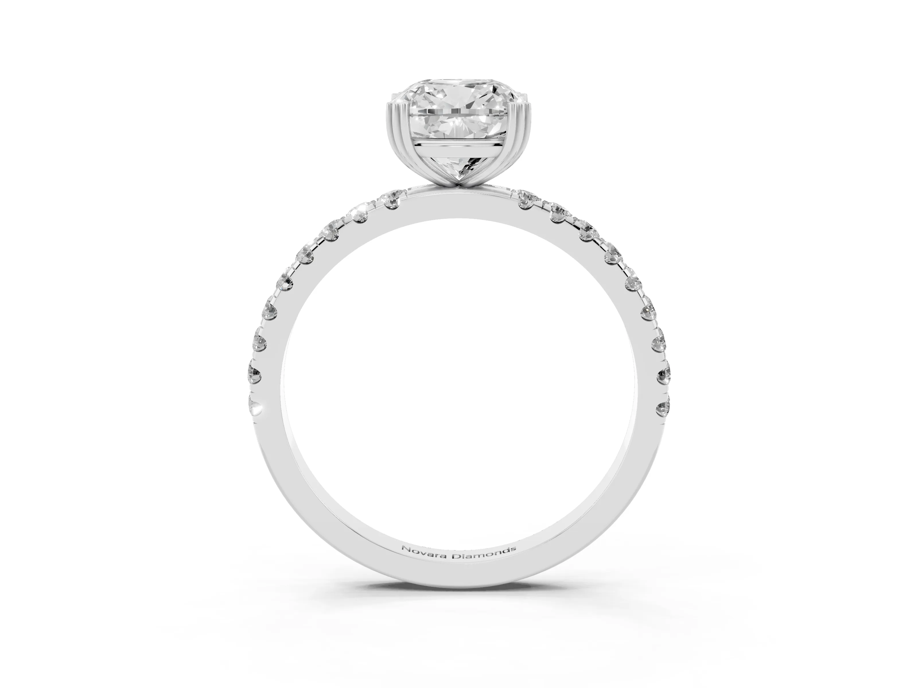 Cushion Cut Diamond Brilliant Solitaire Set in Silver with Pavé Band and Claw Prong Setting