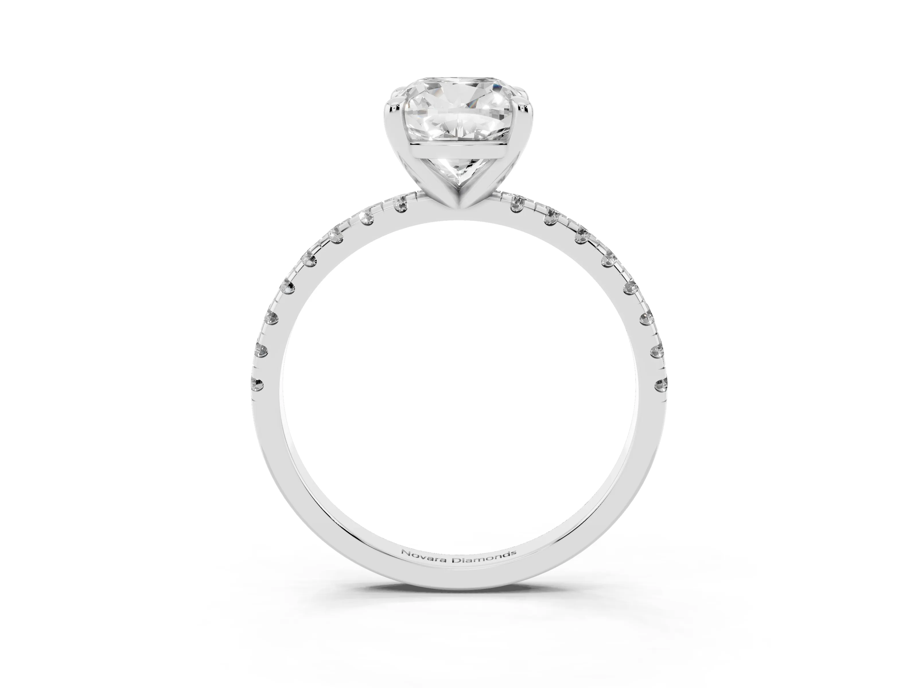 Cushion Cut Diamond Brilliant Solitaire Ring Set in Silver with Pavé Band and Prong Setting