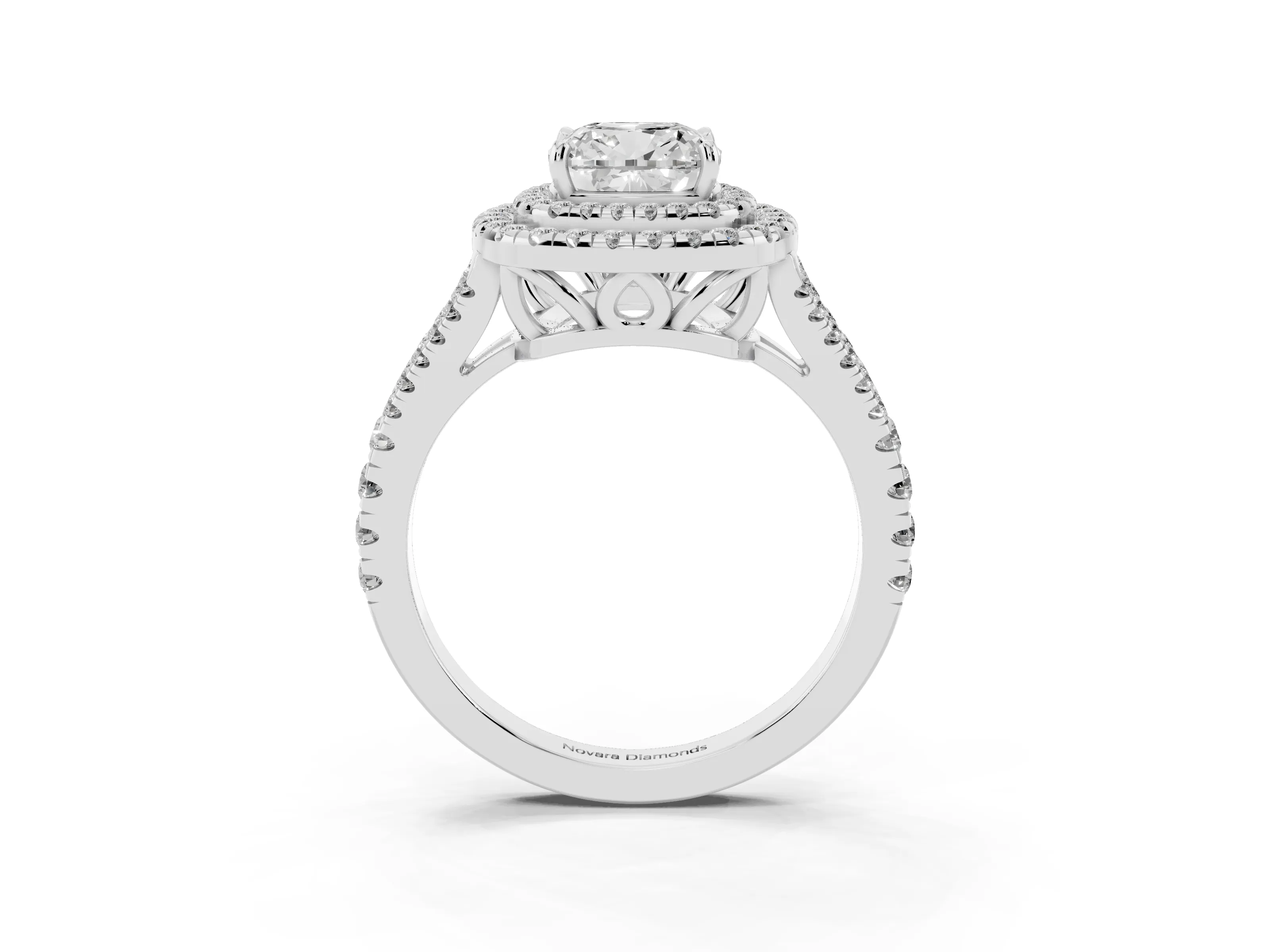 Cushion Cut Diamond Double Halo Ring Set in Platinum with Pavé Band