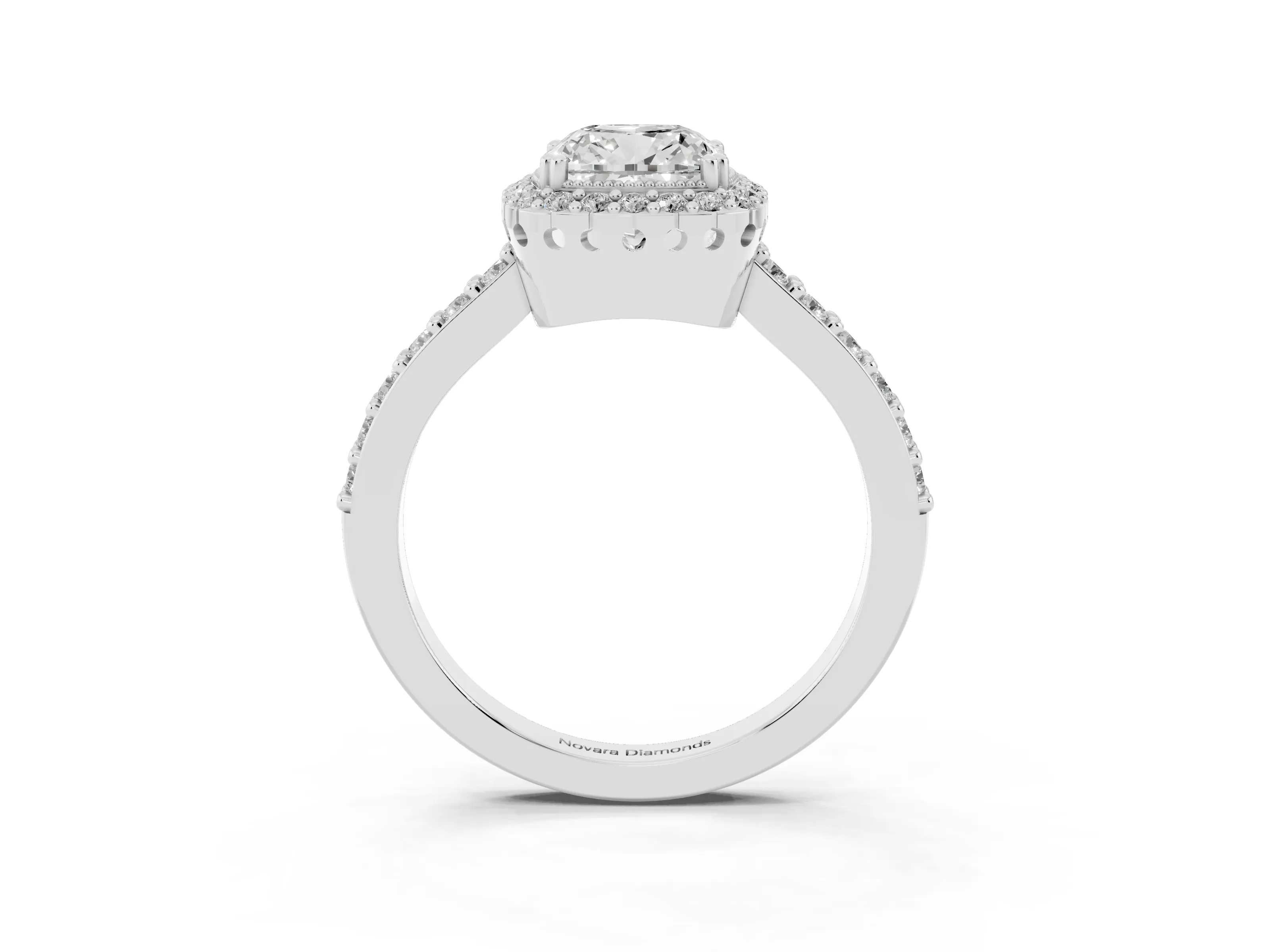 Cushion Cut Diamond Halo Engagement Ring Set in White gold with Milgrain Detail and Pavé Band