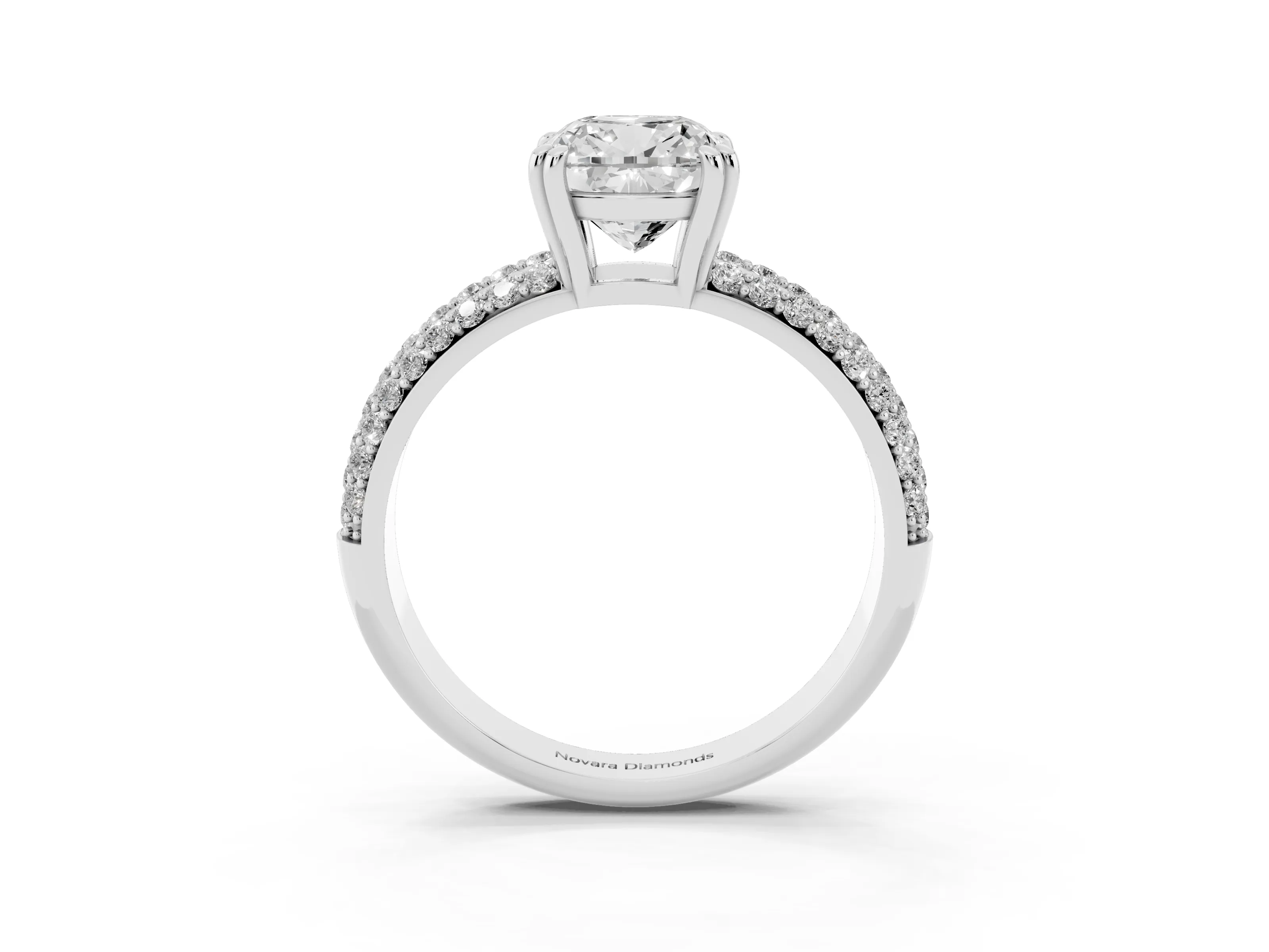 Cushion Cut Diamond Solitaire Ring Set in Silver with Multi-Row Round Pavé Band and Prong Setting