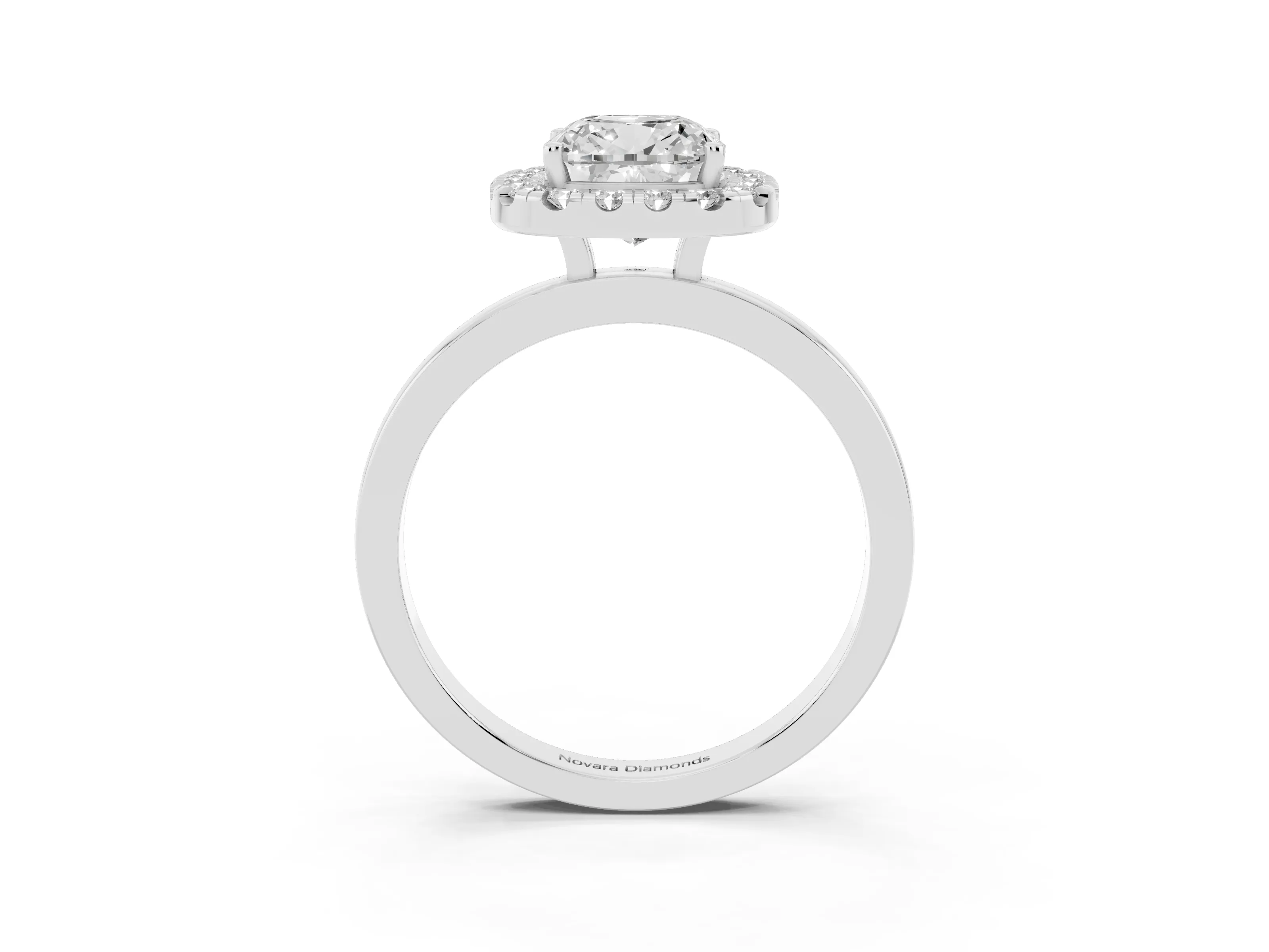 Cushion Cut Diamond Halo Solitaire Ring Set in White gold with Pavé Band and Prong Setting