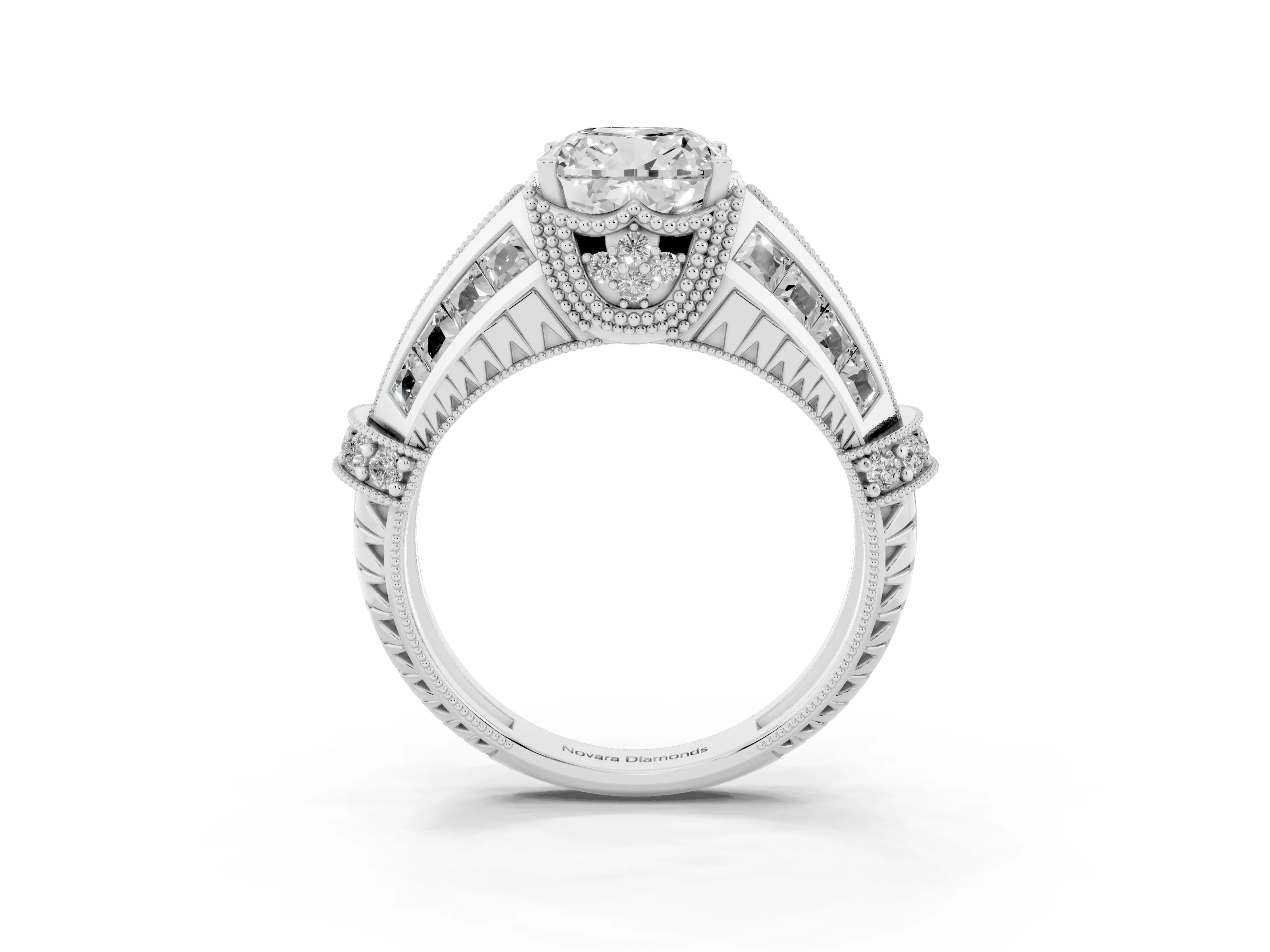 Cushion Cut Diamond Vintage-Inspired Milgrain Ring Set in Silver with Accent Split Shank