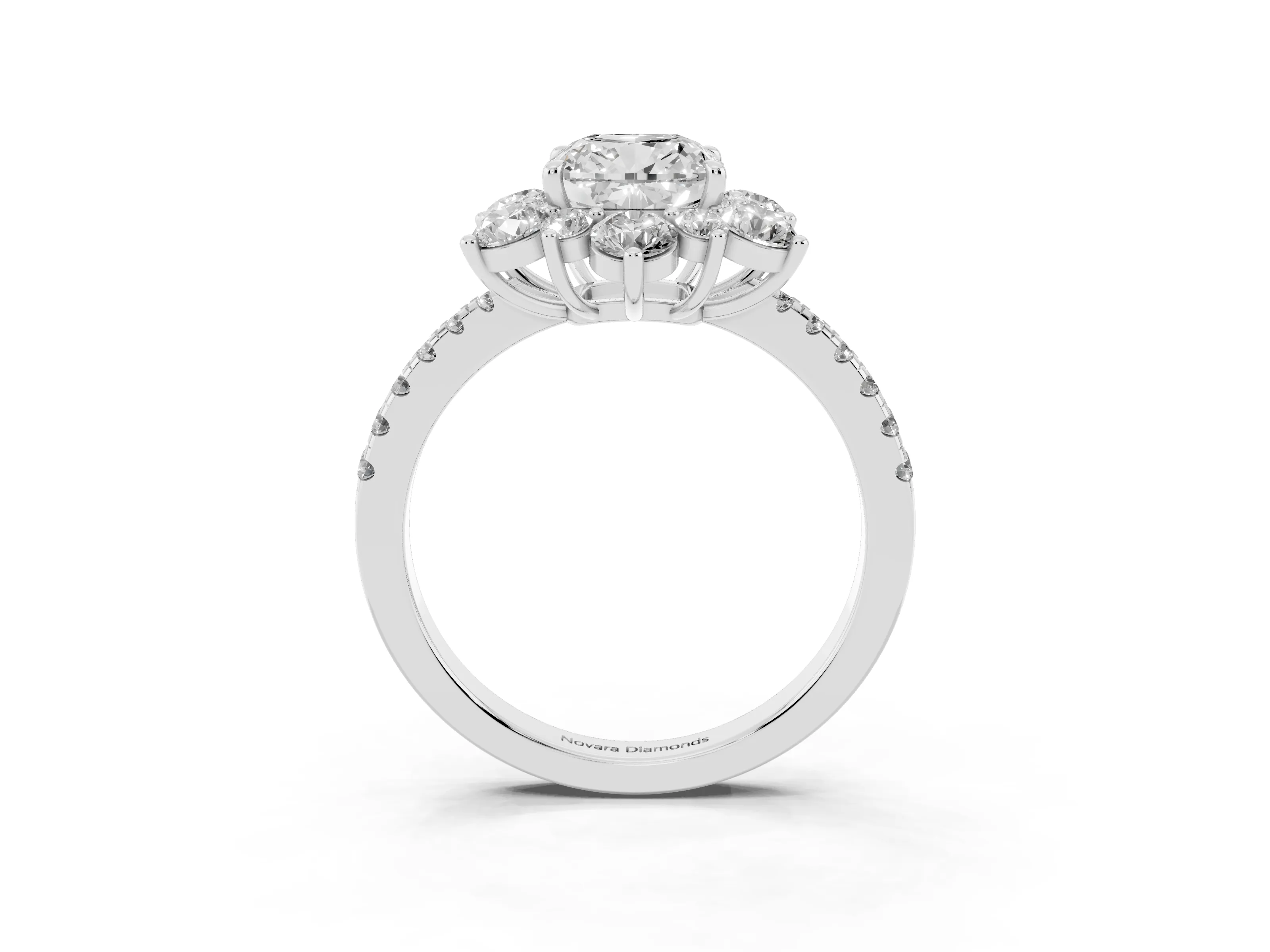 Cushion Cut Diamond Floral Halo Ring Set in Platinum with Round Pavé Band and Prong Setting