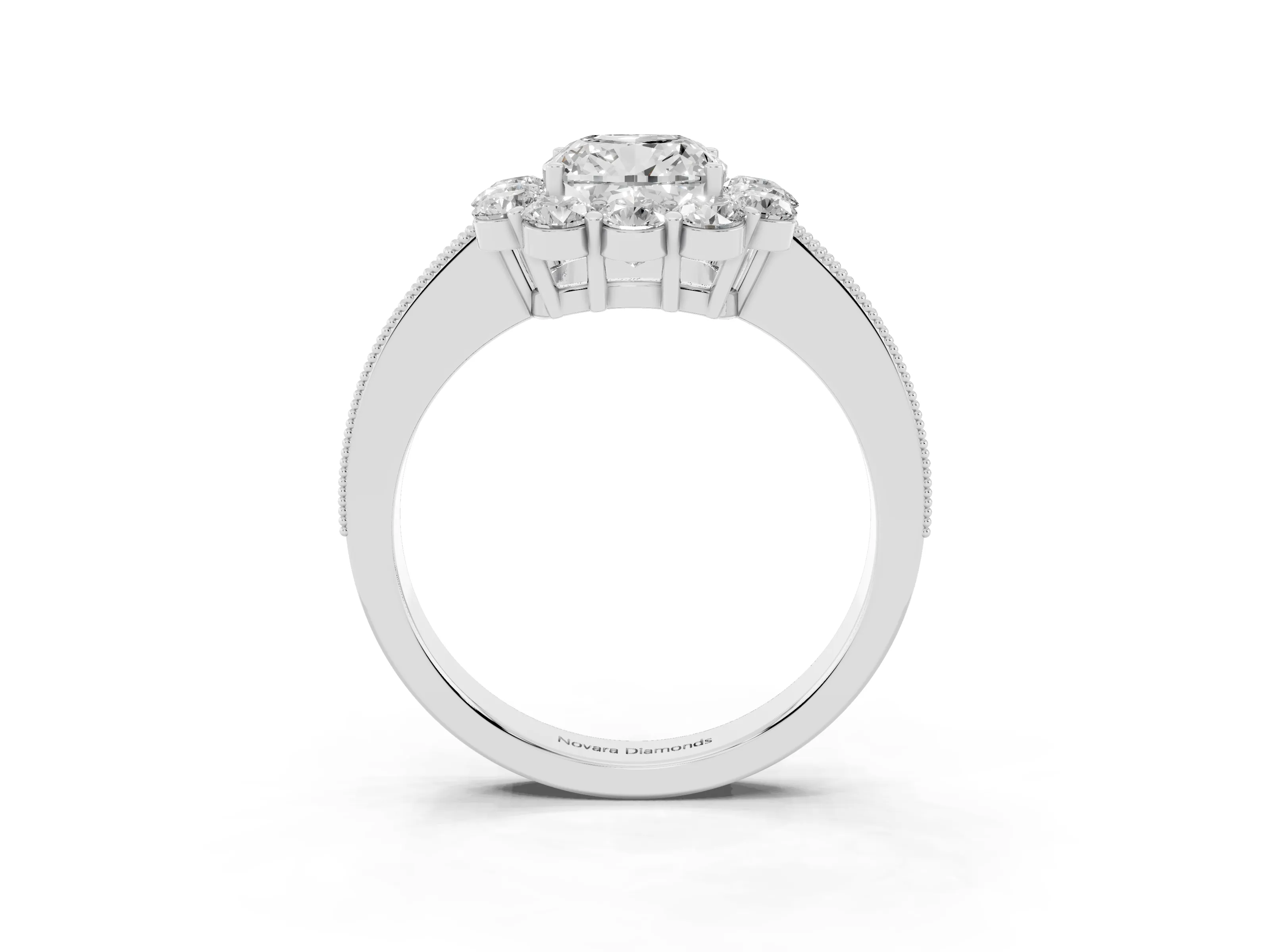 Cushion Cut Diamond Halo Pavé Engagement Ring Set in White gold with Milgrain Detailing