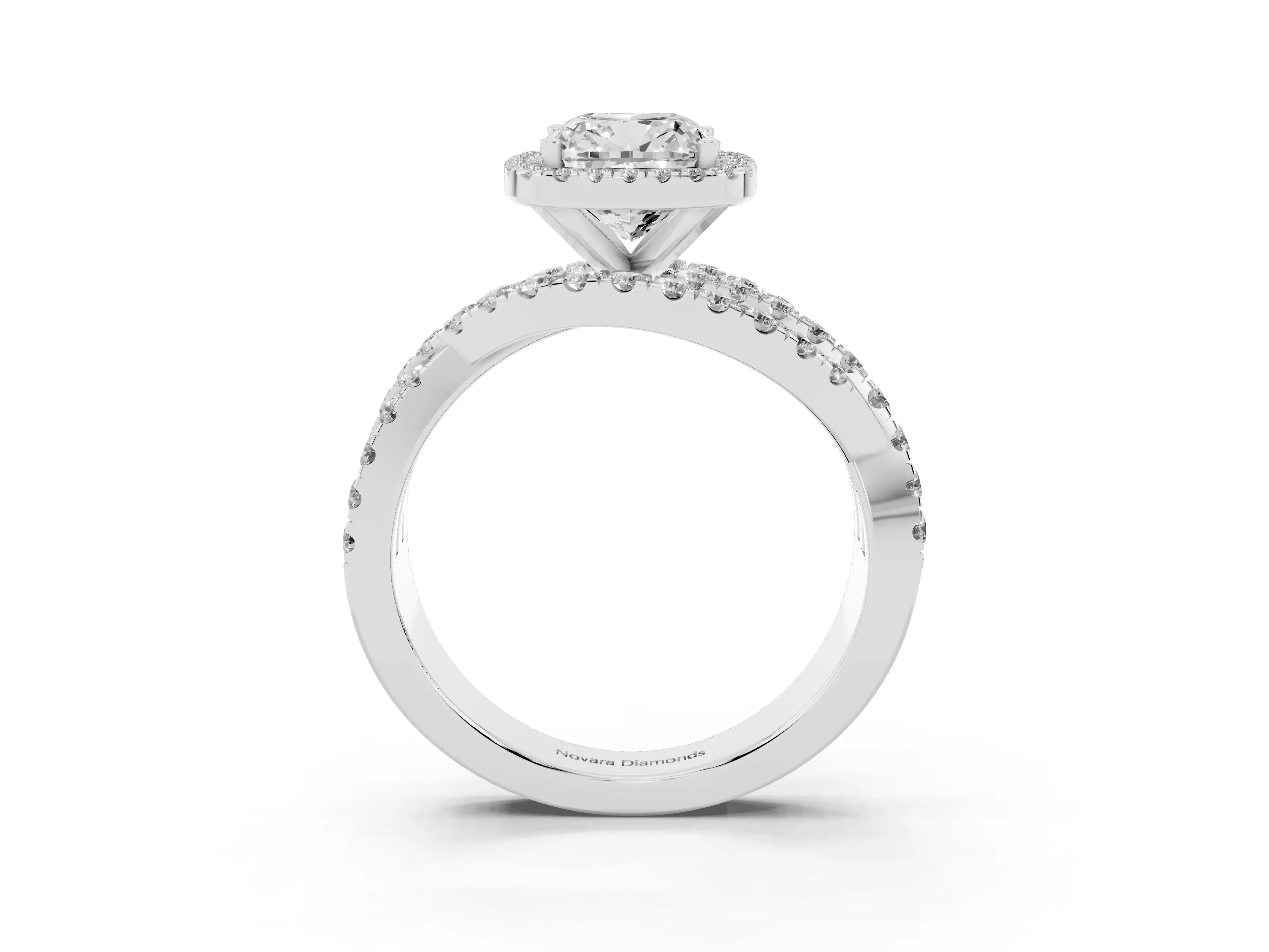 Cushion Cut Diamond Halo Ring Set in Platinum with Round Crossover Split Shank and Prong Setting