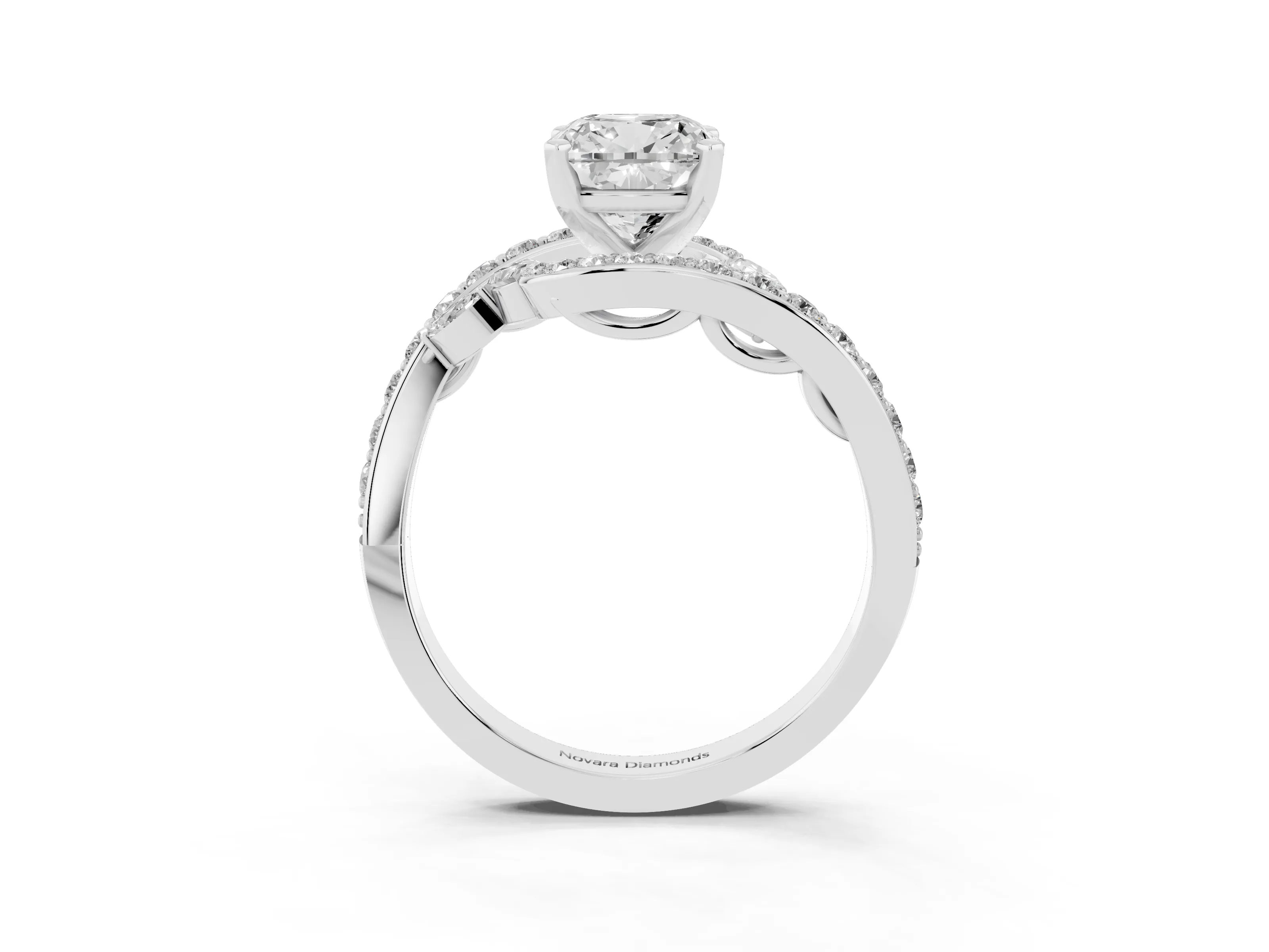 Cushion Cut Diamond Solitaire Ring Set in Platinum with Pavé Twist Band and Secure Prong Setting
