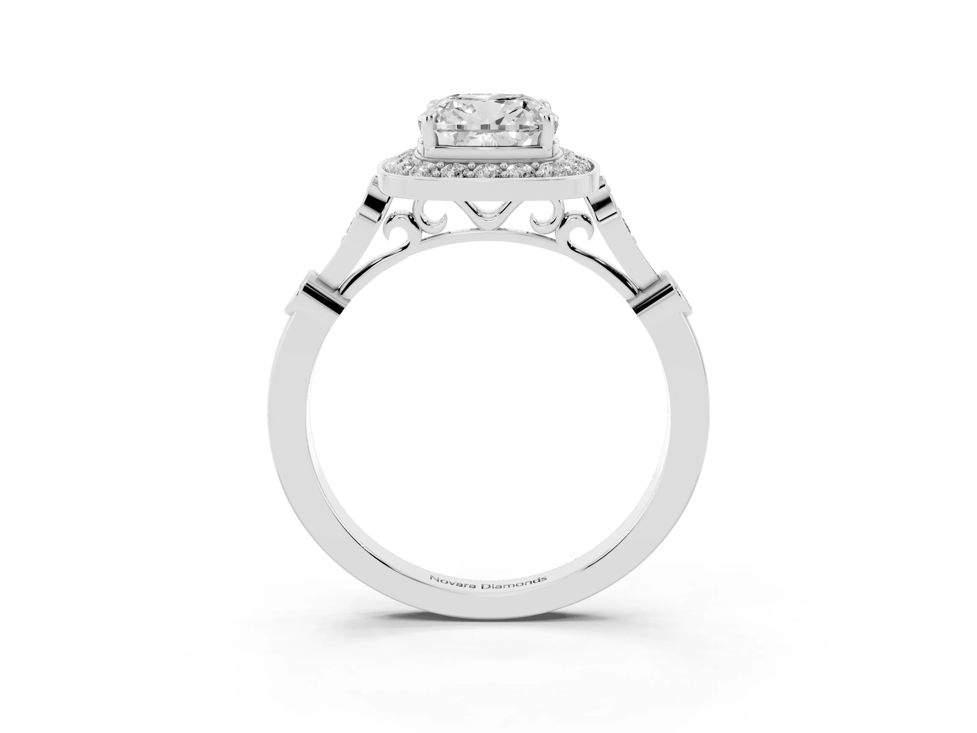 Cushion Cut Diamond Halo Engagement Ring Set in White gold with Twisted Band and Prong Setting