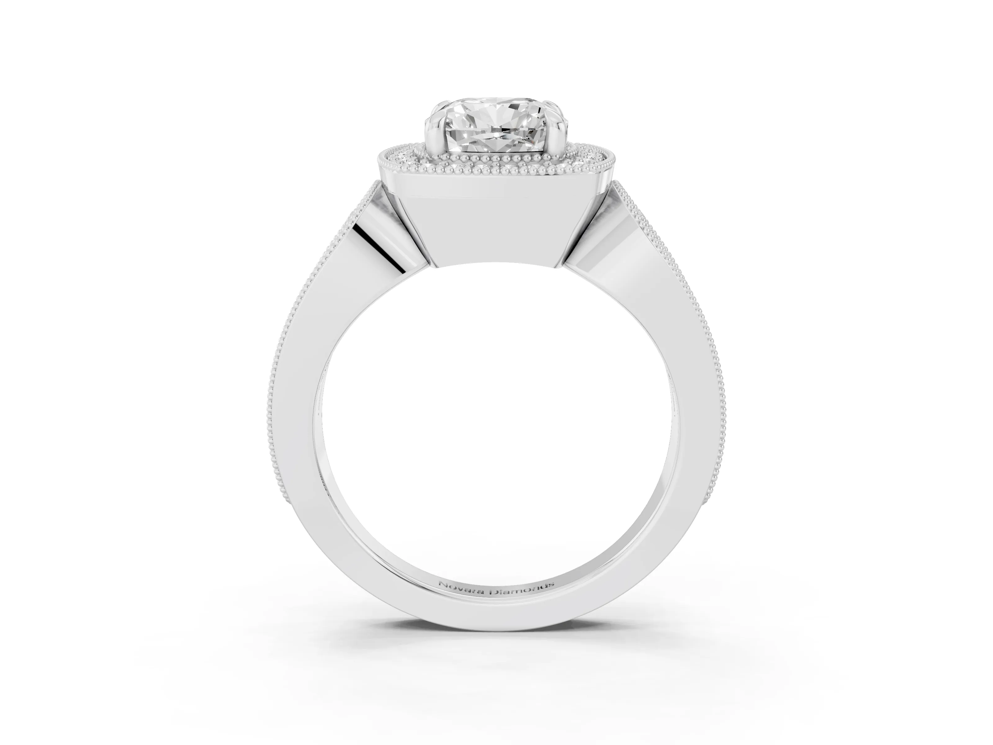 Cushion Cut Diamond Halo Ring Set in Silver with Milgrain Accent Split Shank