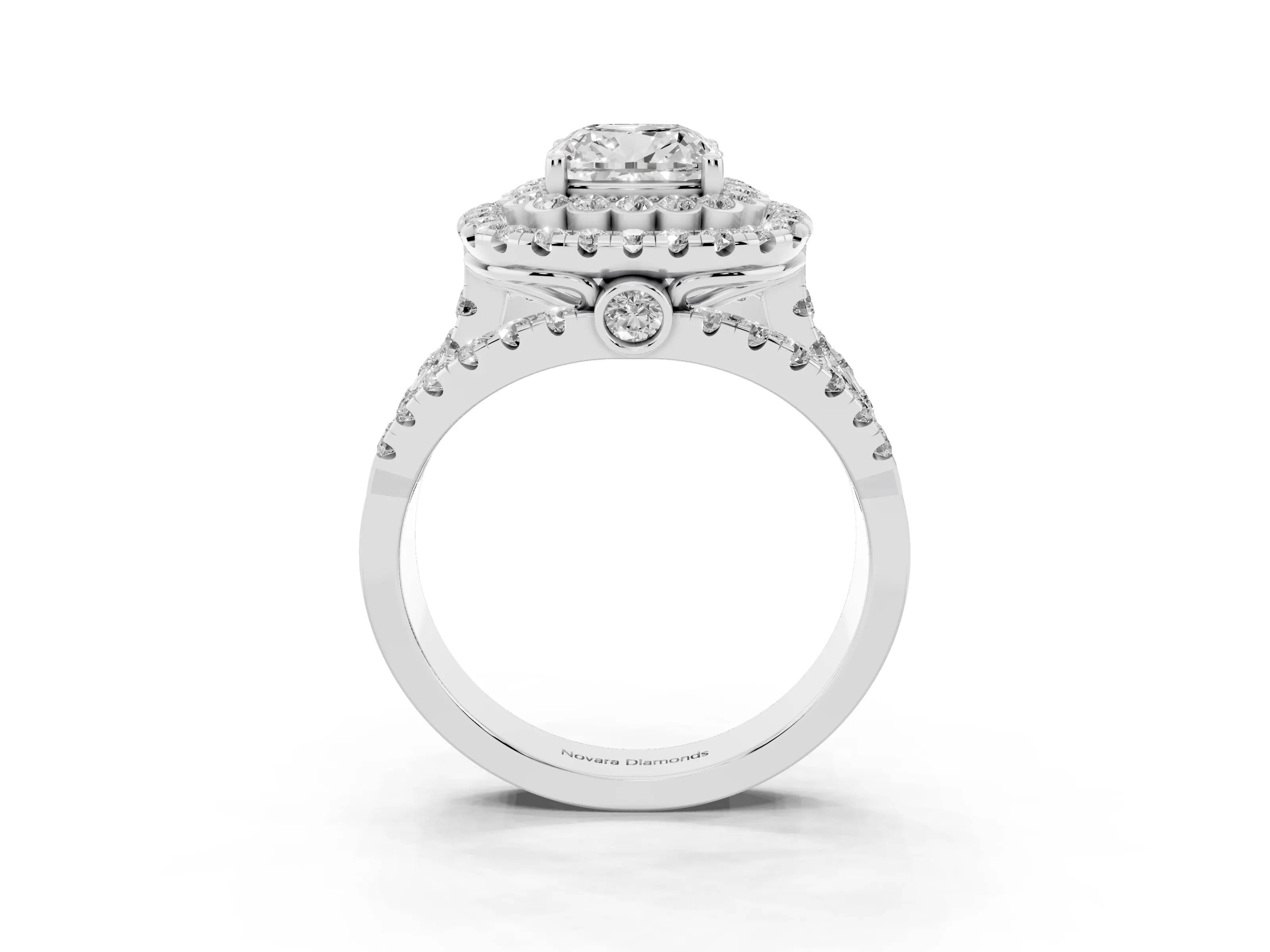 Cushion Cut Diamond Double Halo Ring Set in Silver with Round Pavé Split Shank