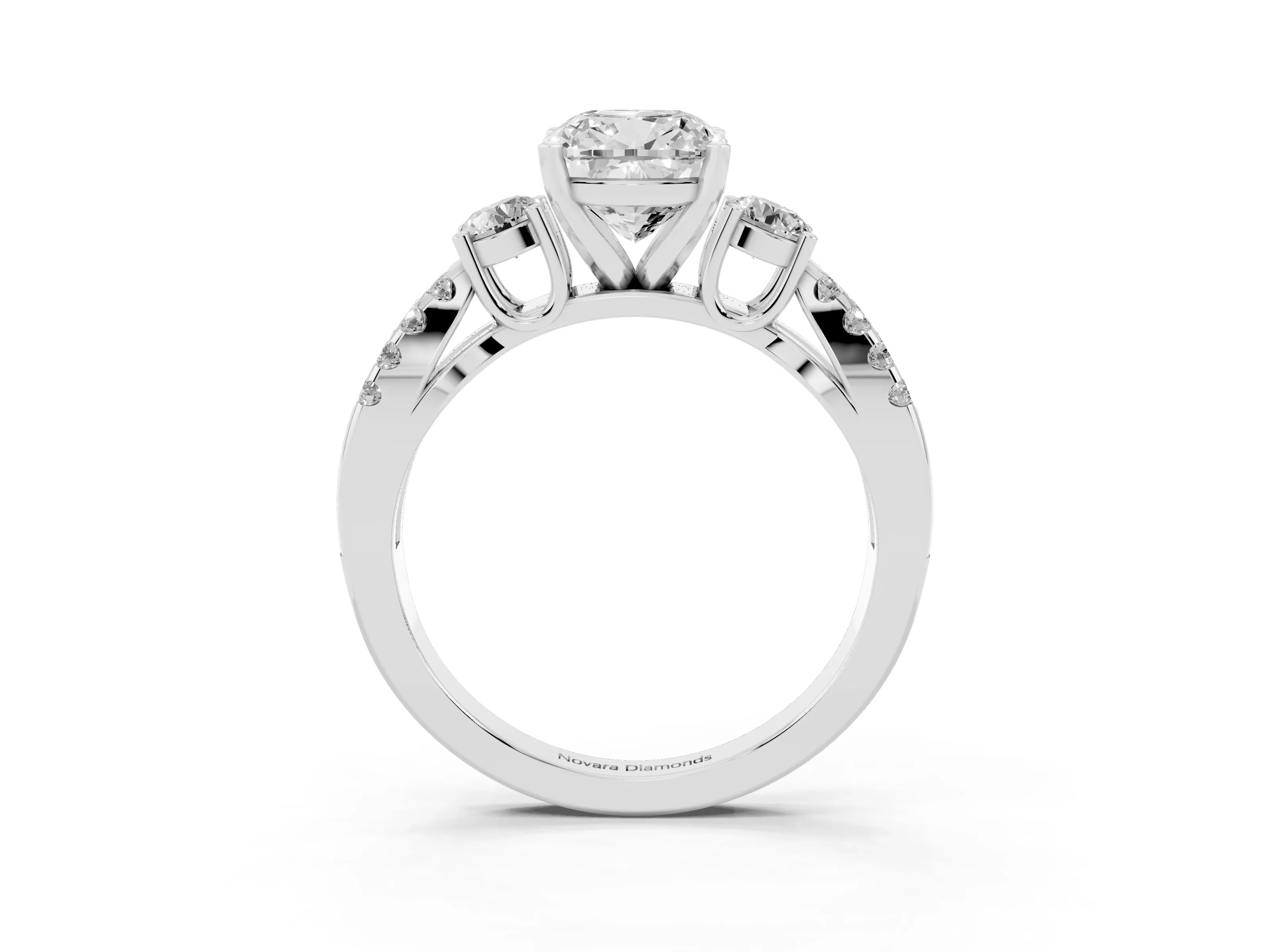 Cushion Cut Diamond Three-Stone Ring Set in Silver with Pavé Split Shank and Prong Setting