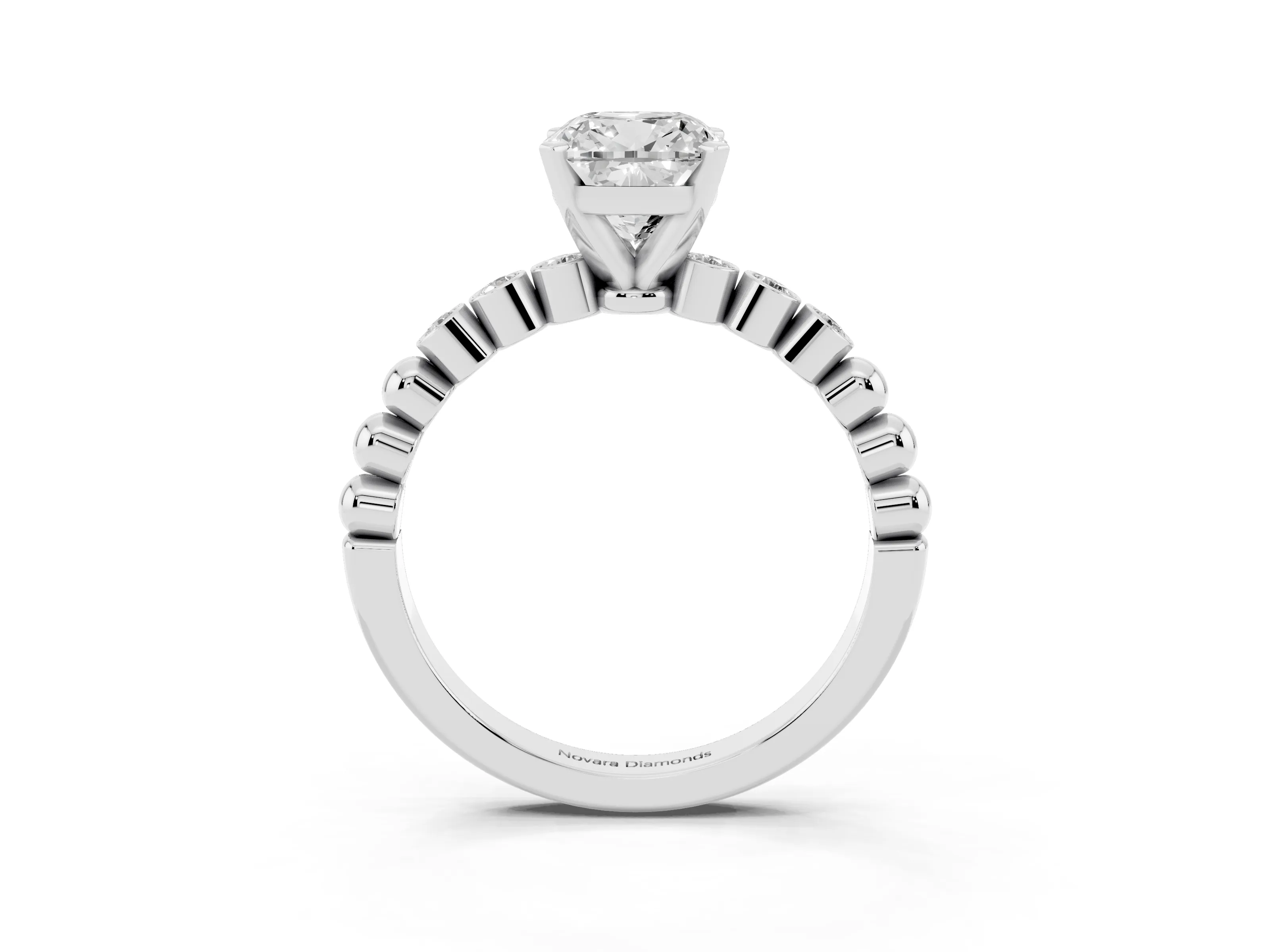 Cushion Cut Diamond Solitaire Engagement Ring Set in Silver with Bezel Accents on Beaded Band