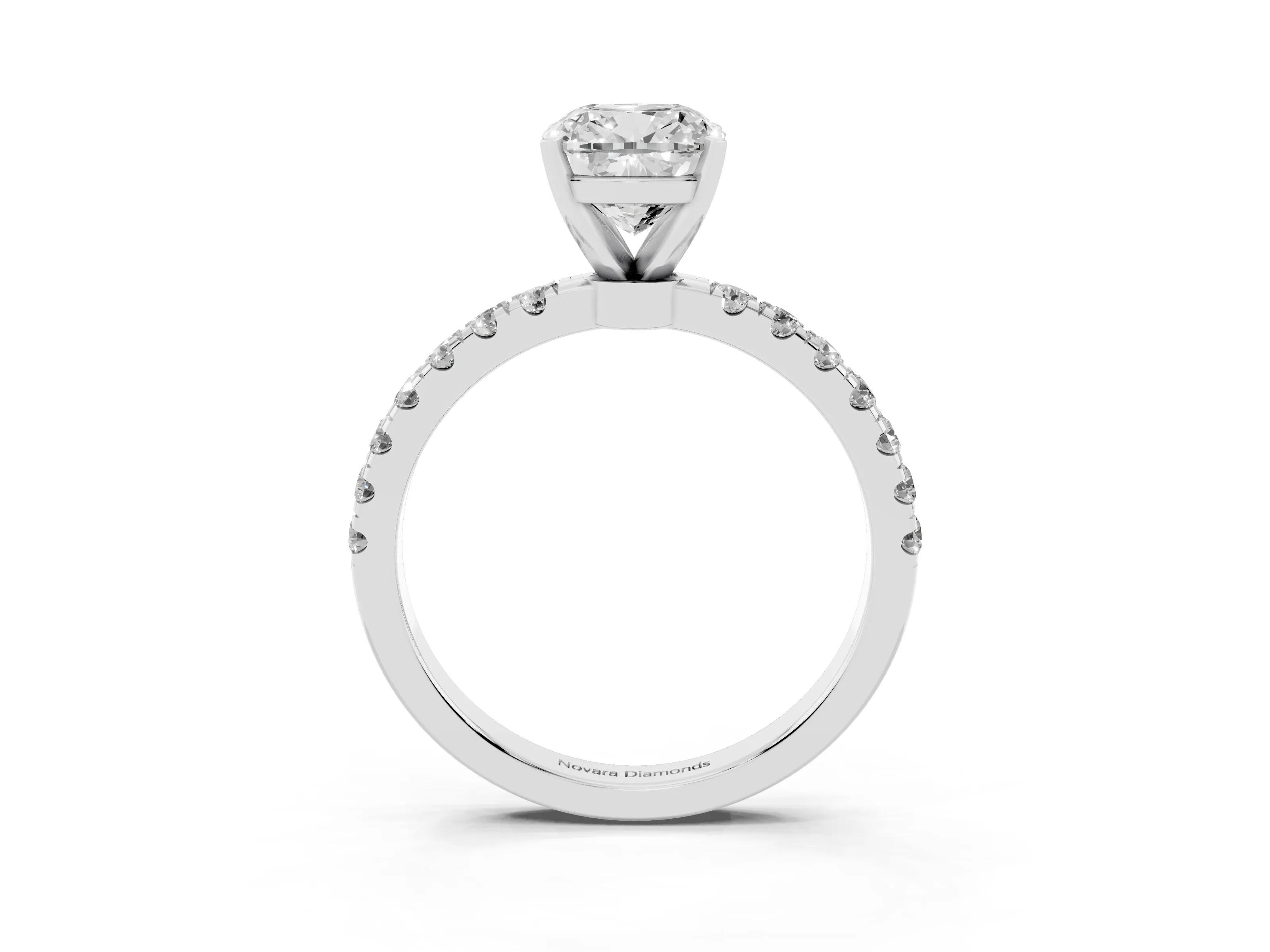 Cushion Cut Diamond Solitaire Ring Set in White gold with Pavé Accents and Prong Setting