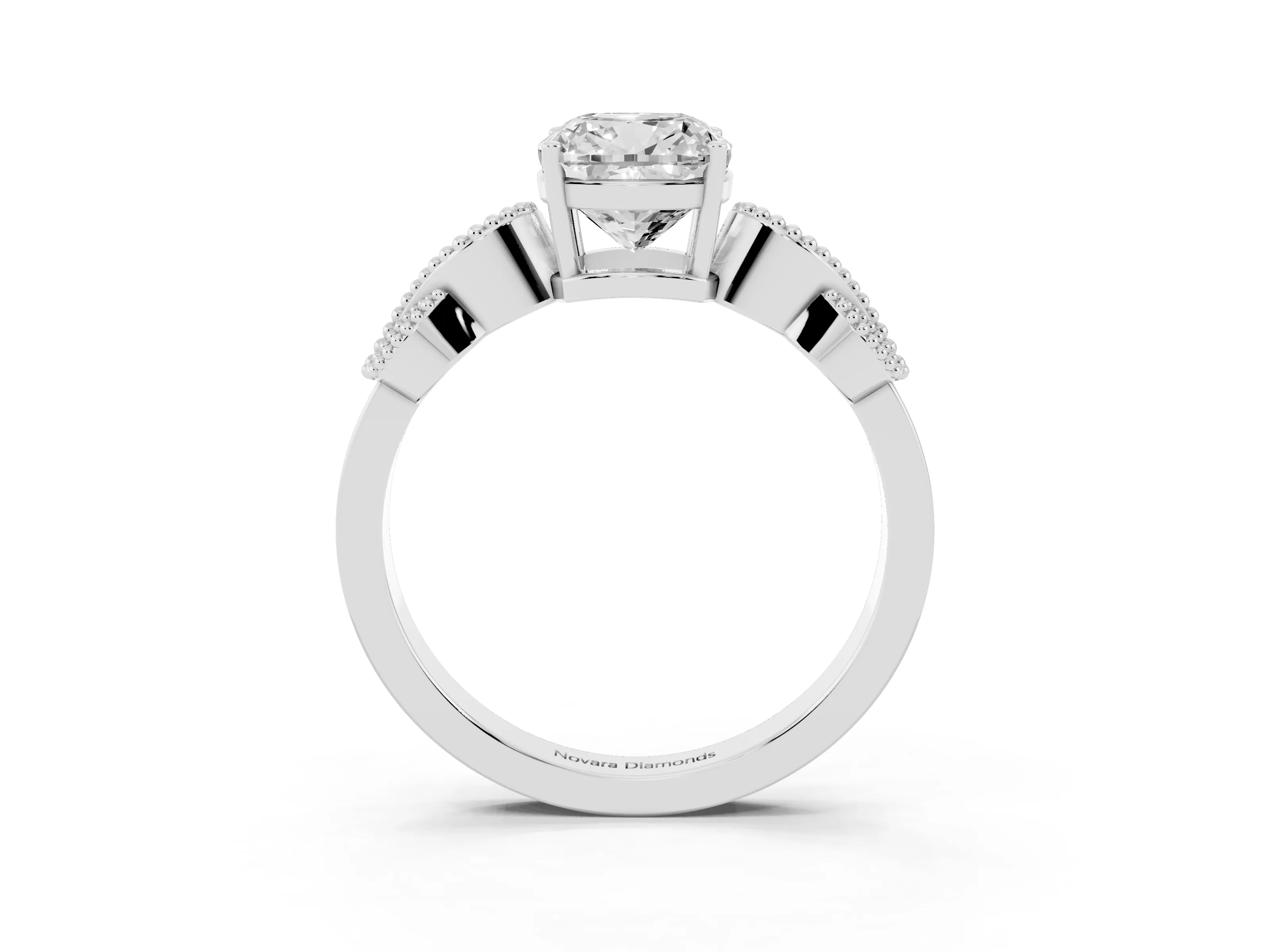 Cushion Cut Diamond Milgrain Leaf Band Solitaire Ring Set in Silver with Accent Stones and Prong Setting
