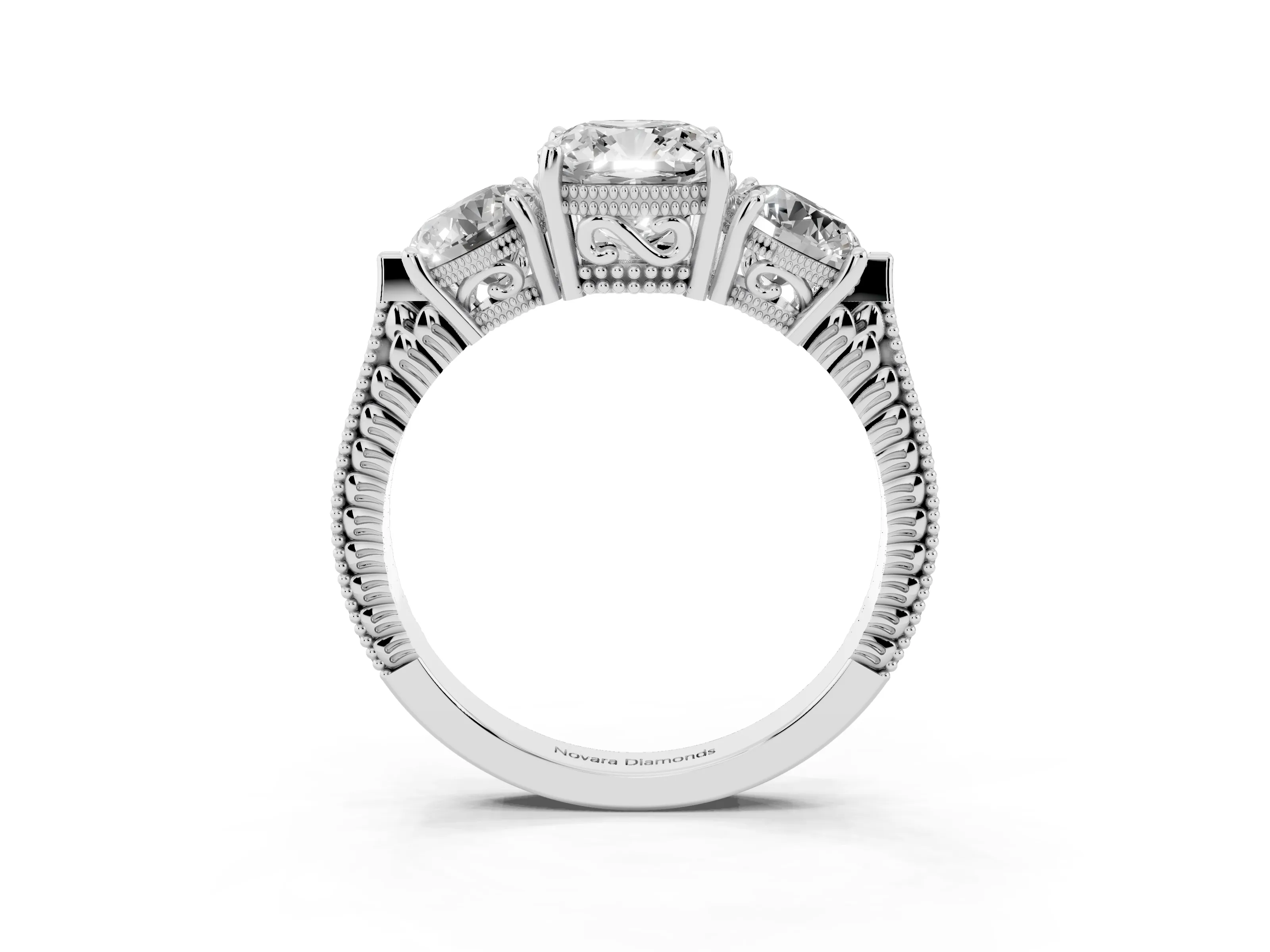 Cushion Cut Diamond Three-Stone Ring Set in Silver with Milgrain Band