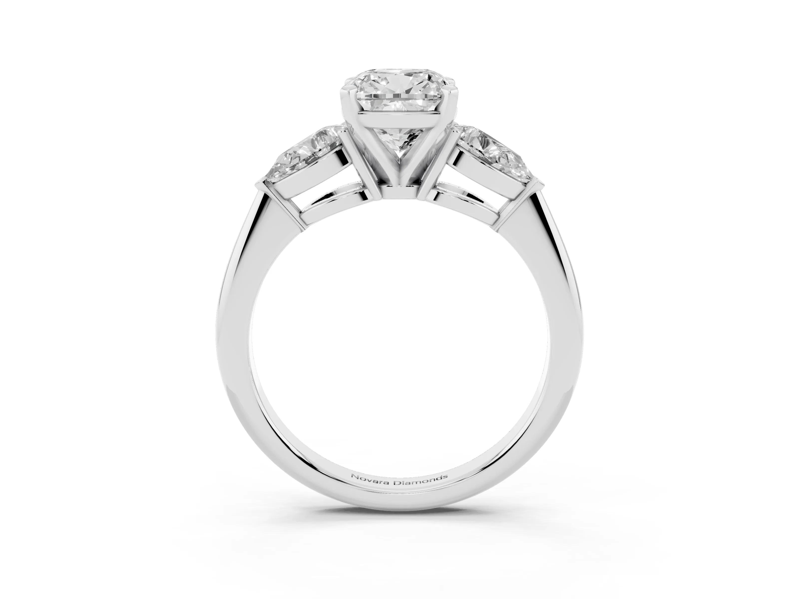 Three-Stone Cushion Cut Diamond Ring Set in Silver with Pear Side Stones and Prong Setting