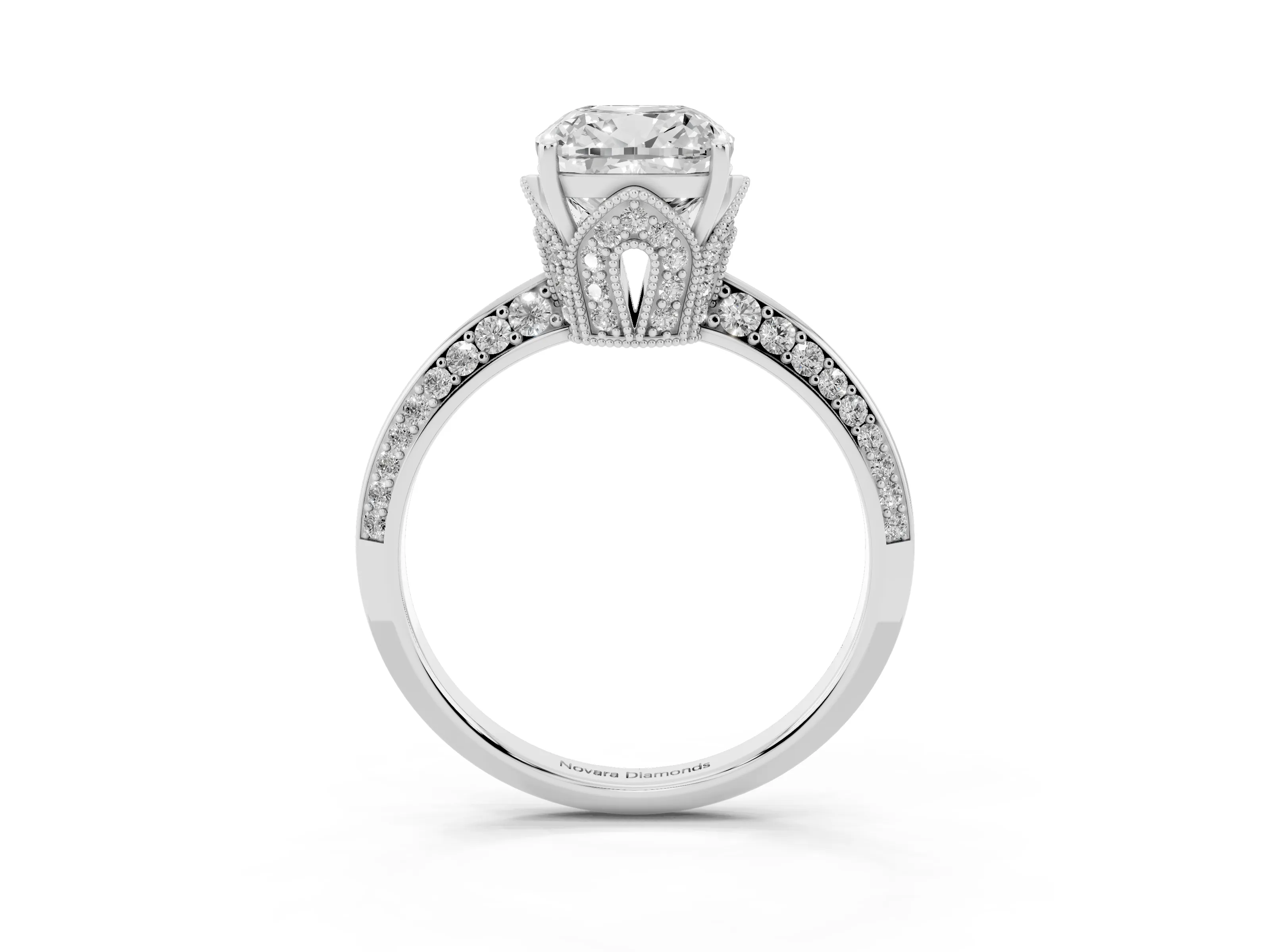 Cushion Cut Diamond Solitaire Engagement Ring Set in Silver with Pavé Split Shank and Prong Setting