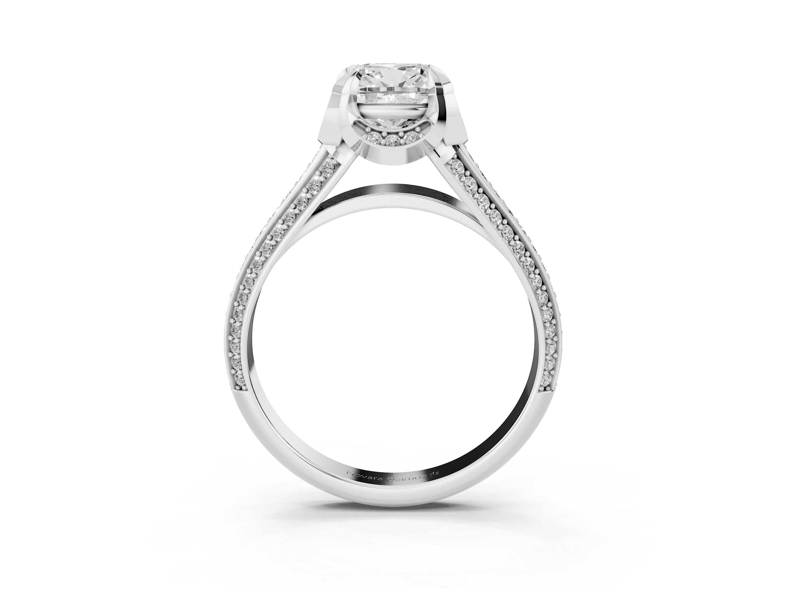 Cushion Cut Diamond Pavé Split Shank Solitaire Ring Set in Platinum with Prong Setting