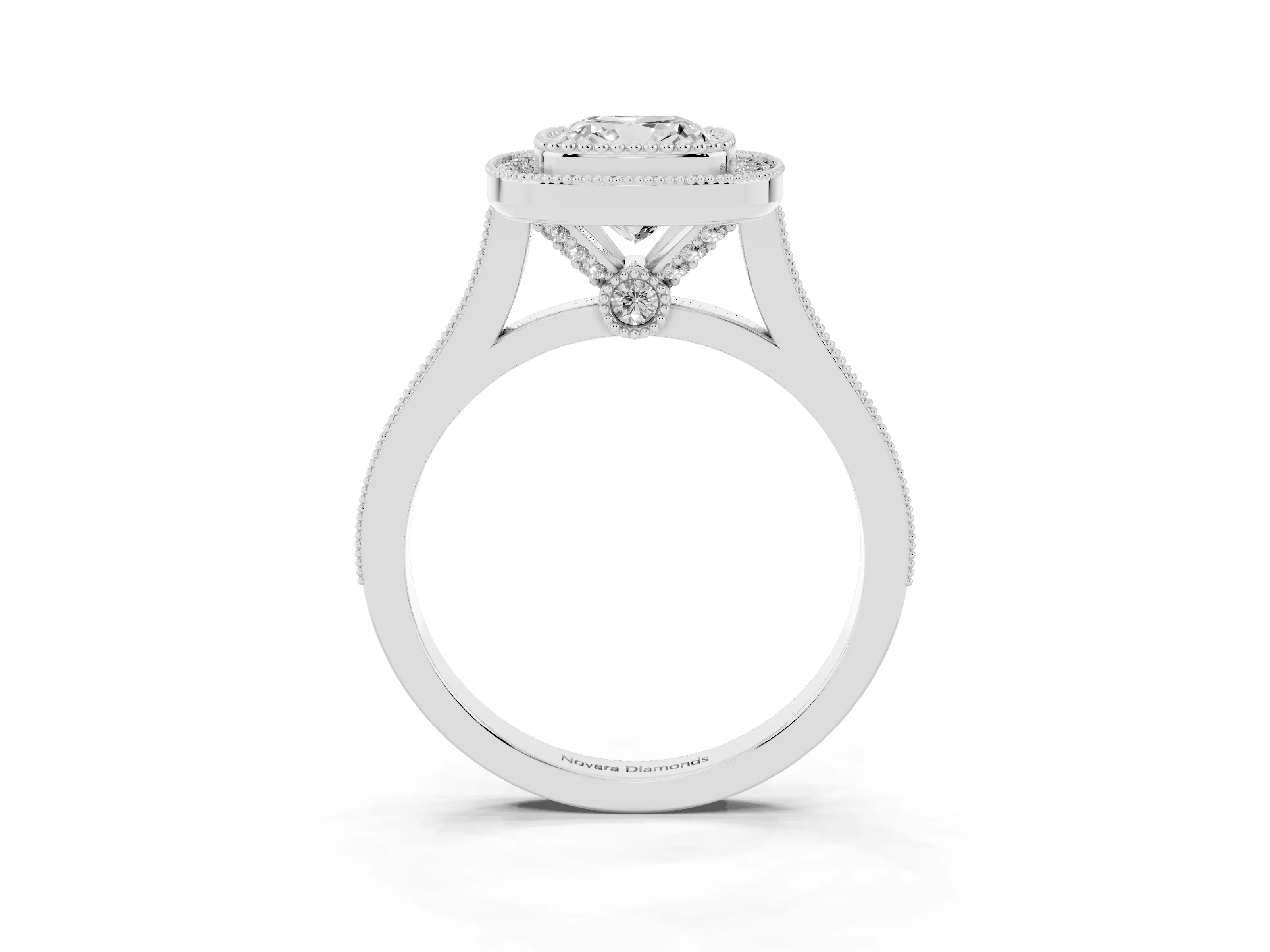 Cushion Cut Diamond Halo Ring Set in White gold with Milgrain Frame and Pavé Band