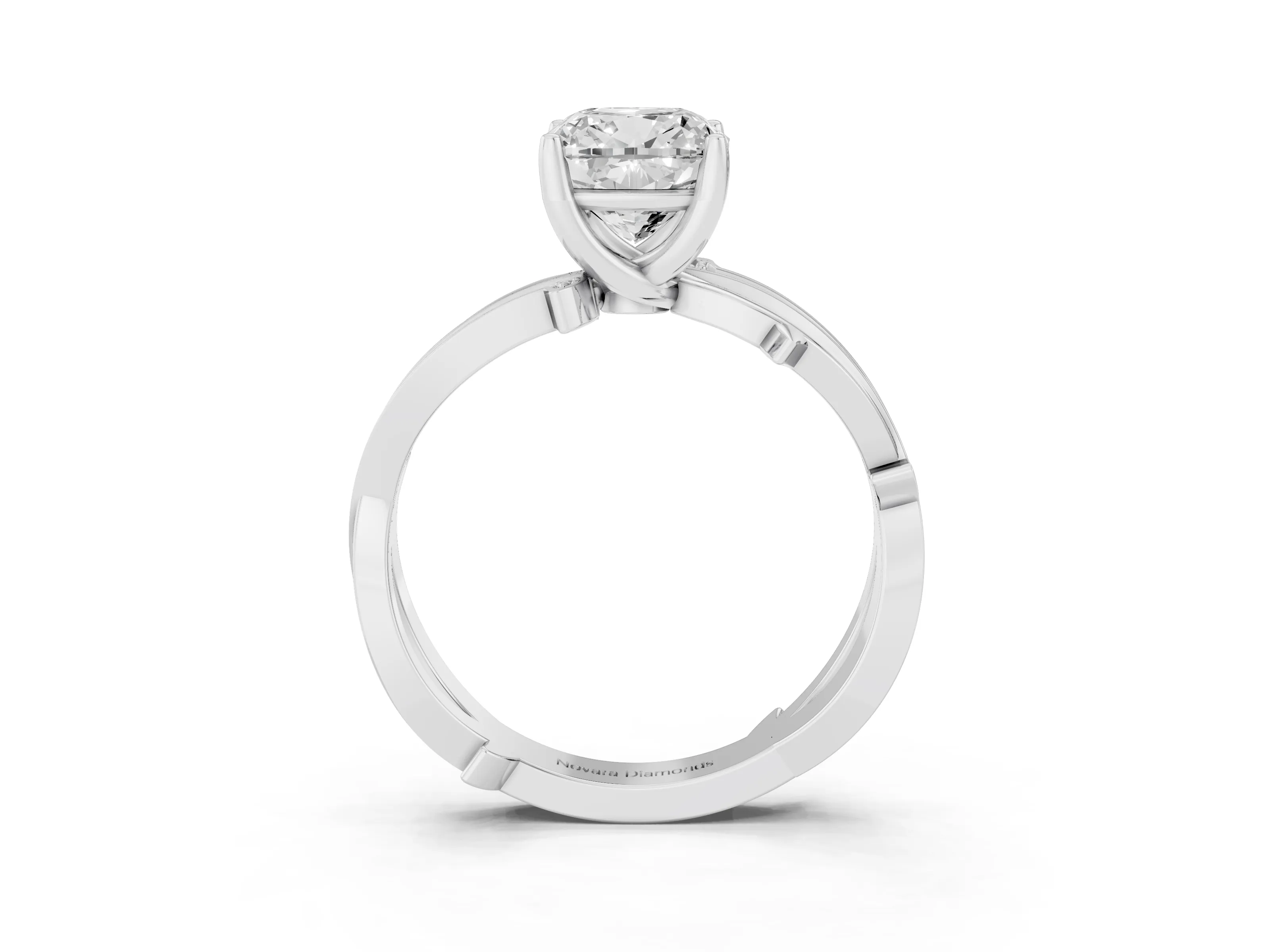 Cushion Cut Diamond Pavé Twist Band Solitaire Ring Set in Platinum with Prong Setting