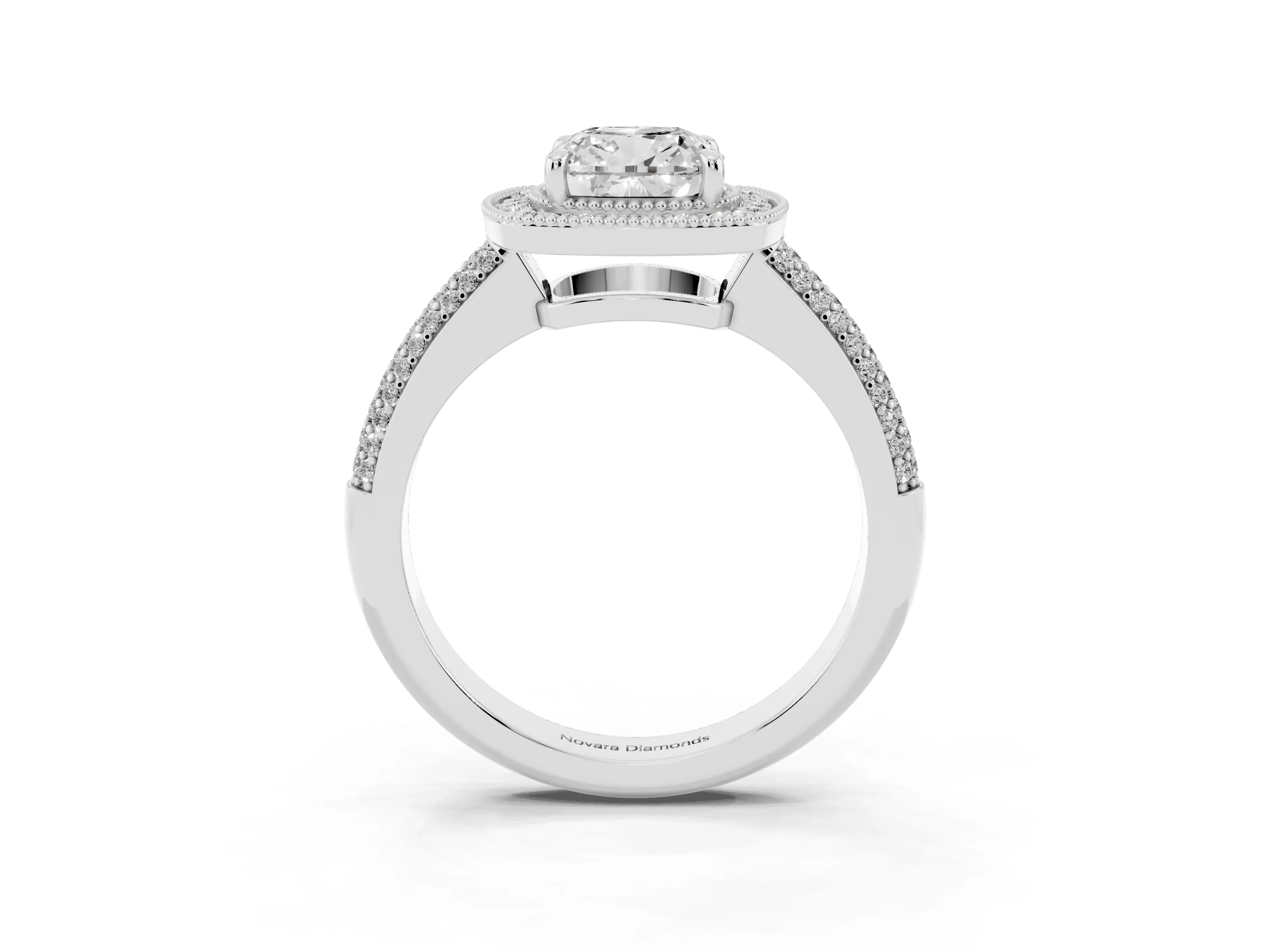 Cushion Cut Diamond Halo Pavé Band Set in Platinum with Prong Setting