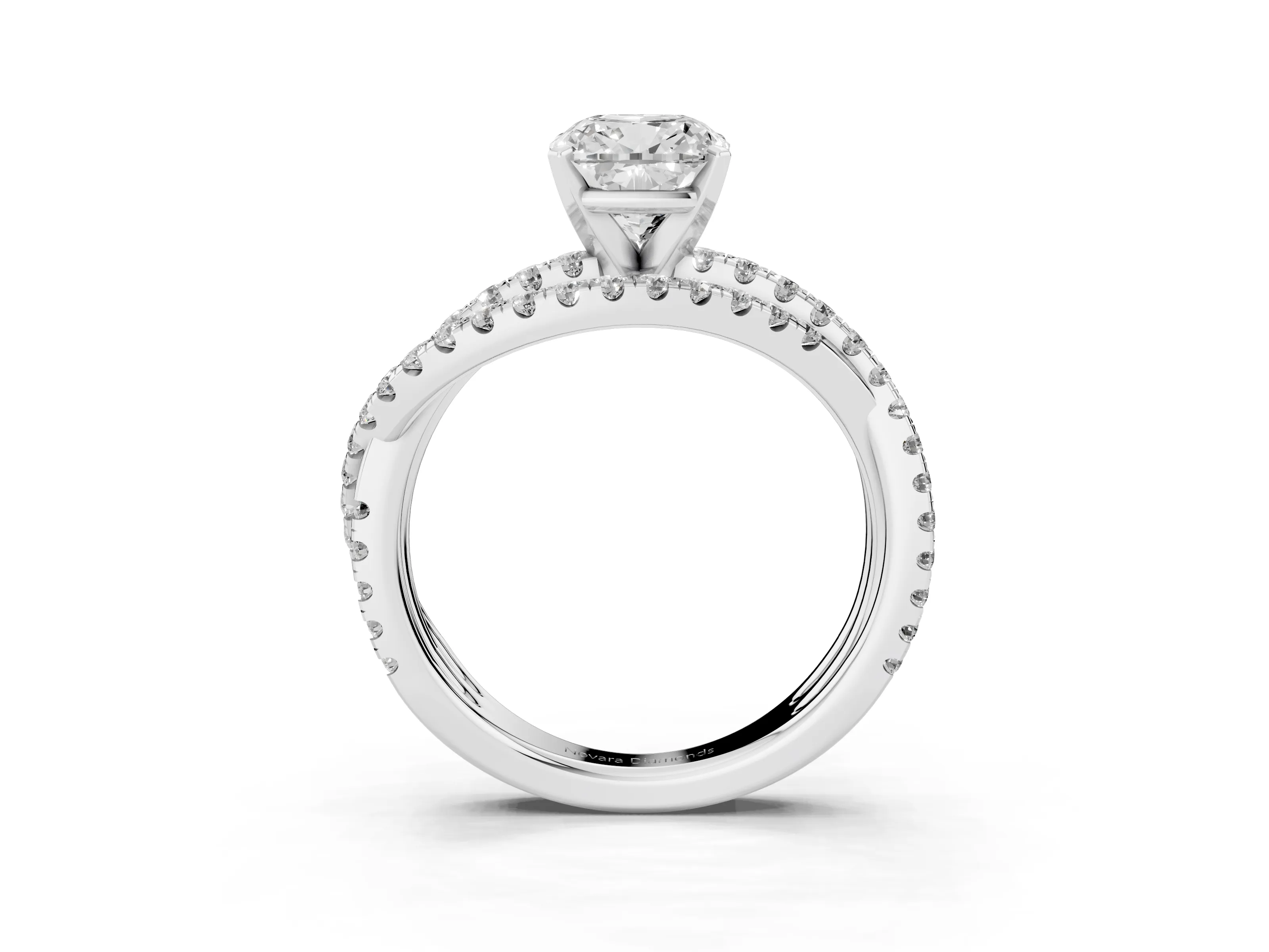 Cushion Cut Diamond Solitaire Twist Band Ring Set in Platinum with Pavé Setting and Prong Head