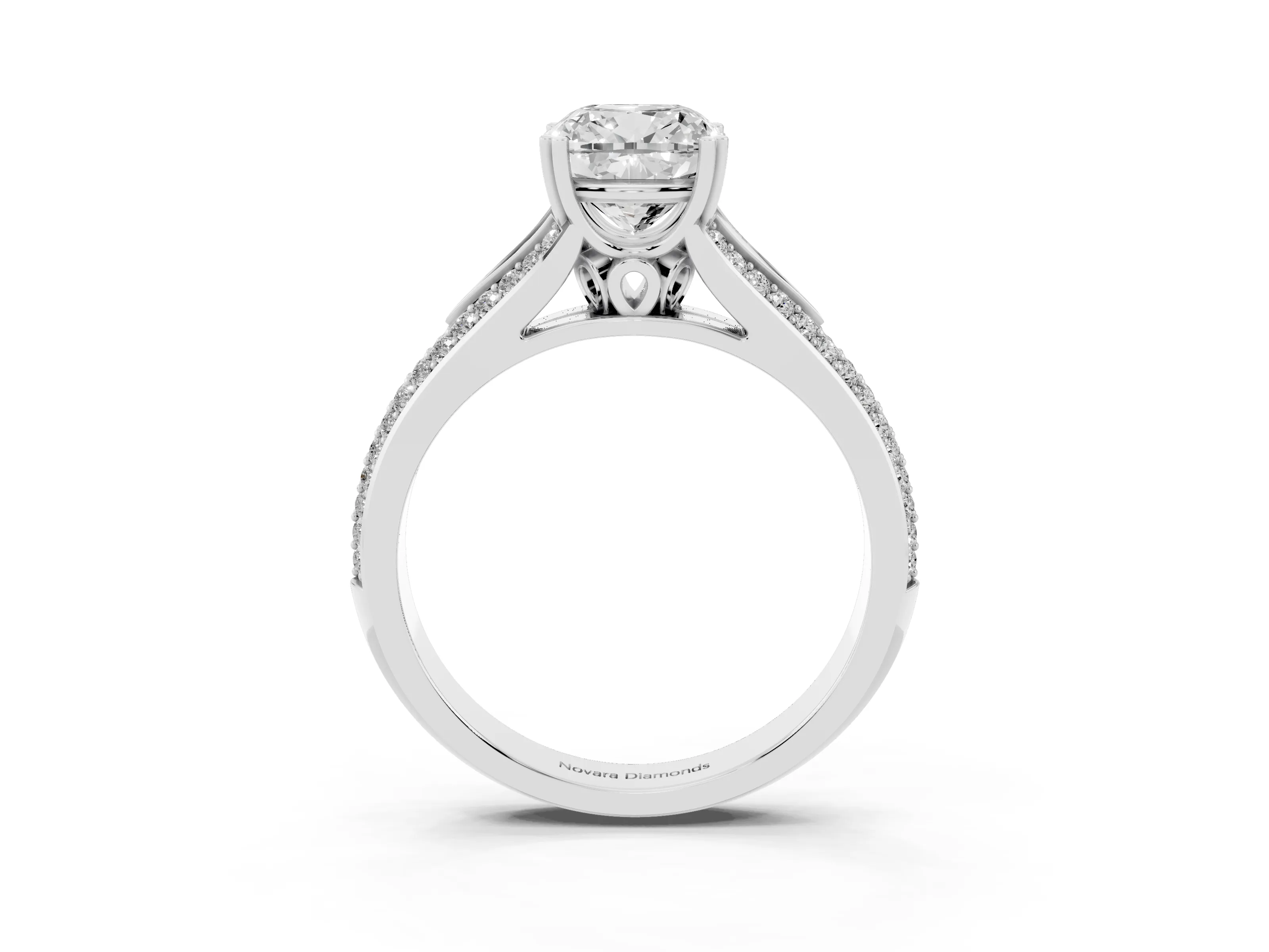 Cushion Cut Diamond Split Shank Pavé Engagement Ring Set in Platinum with Prong-Set Center Stone