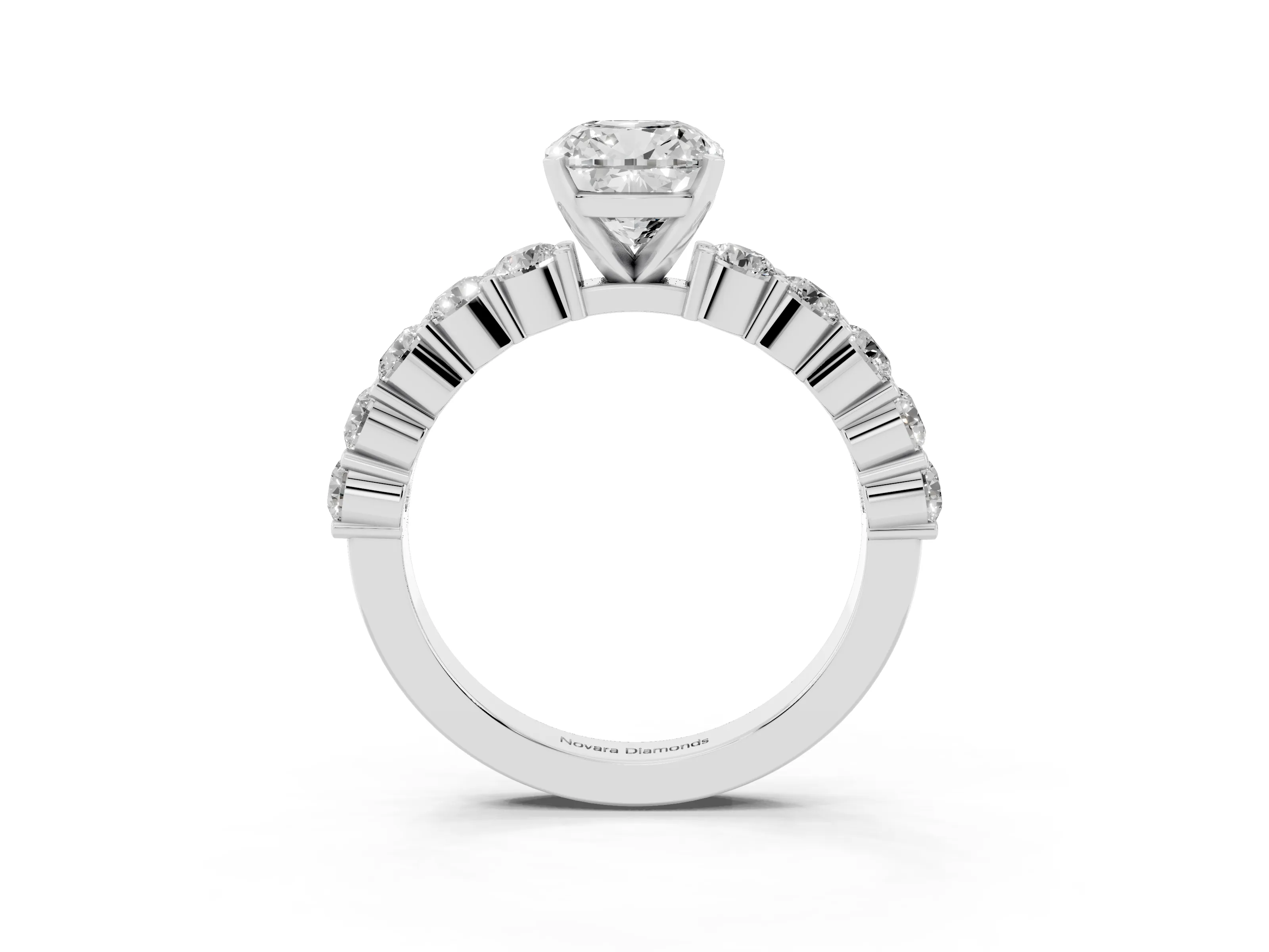 Cushion Cut Diamond Solitaire Ring Set in Platinum with Shared Prong Round Side Stones
