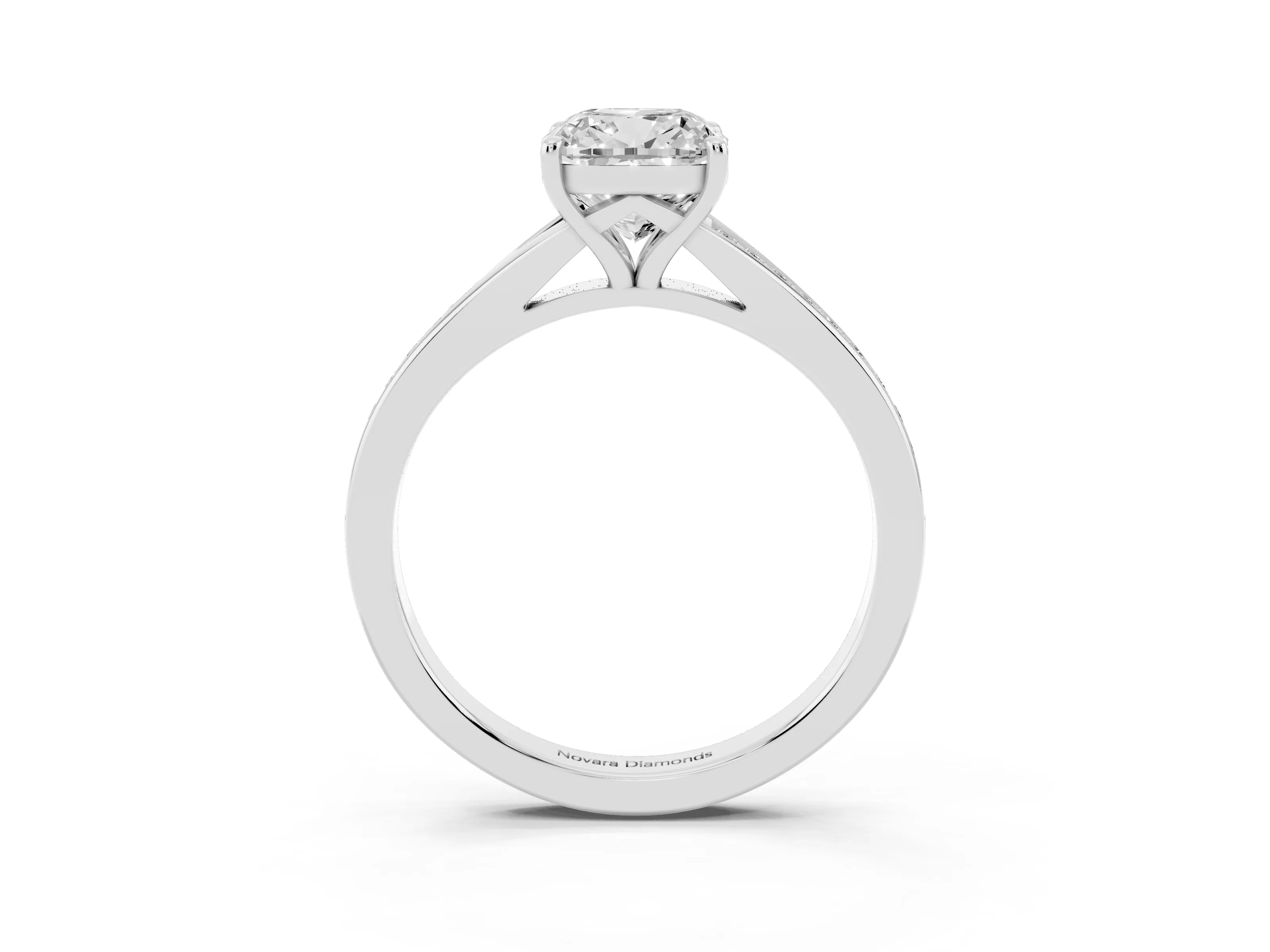 Cushion Cut Diamond Solitaire Ring Set in Silver with Pavé Accent Band and Classic Prong Setting