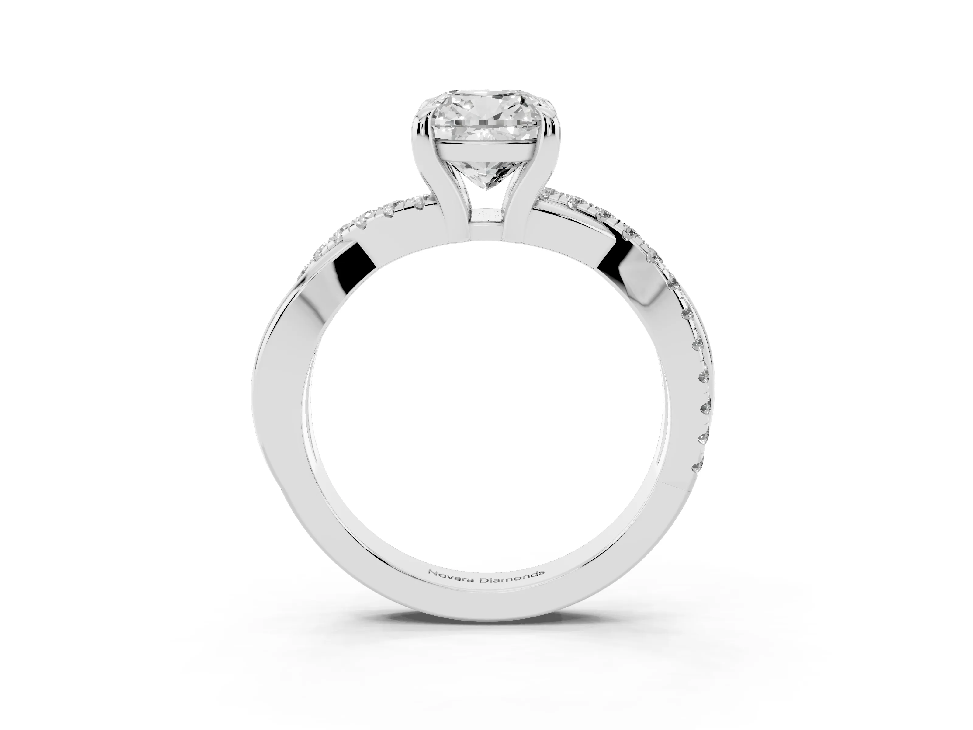 Cushion Cut Diamond Twist Band Pavé Solitaire Ring Set in Silver with Prong Setting
