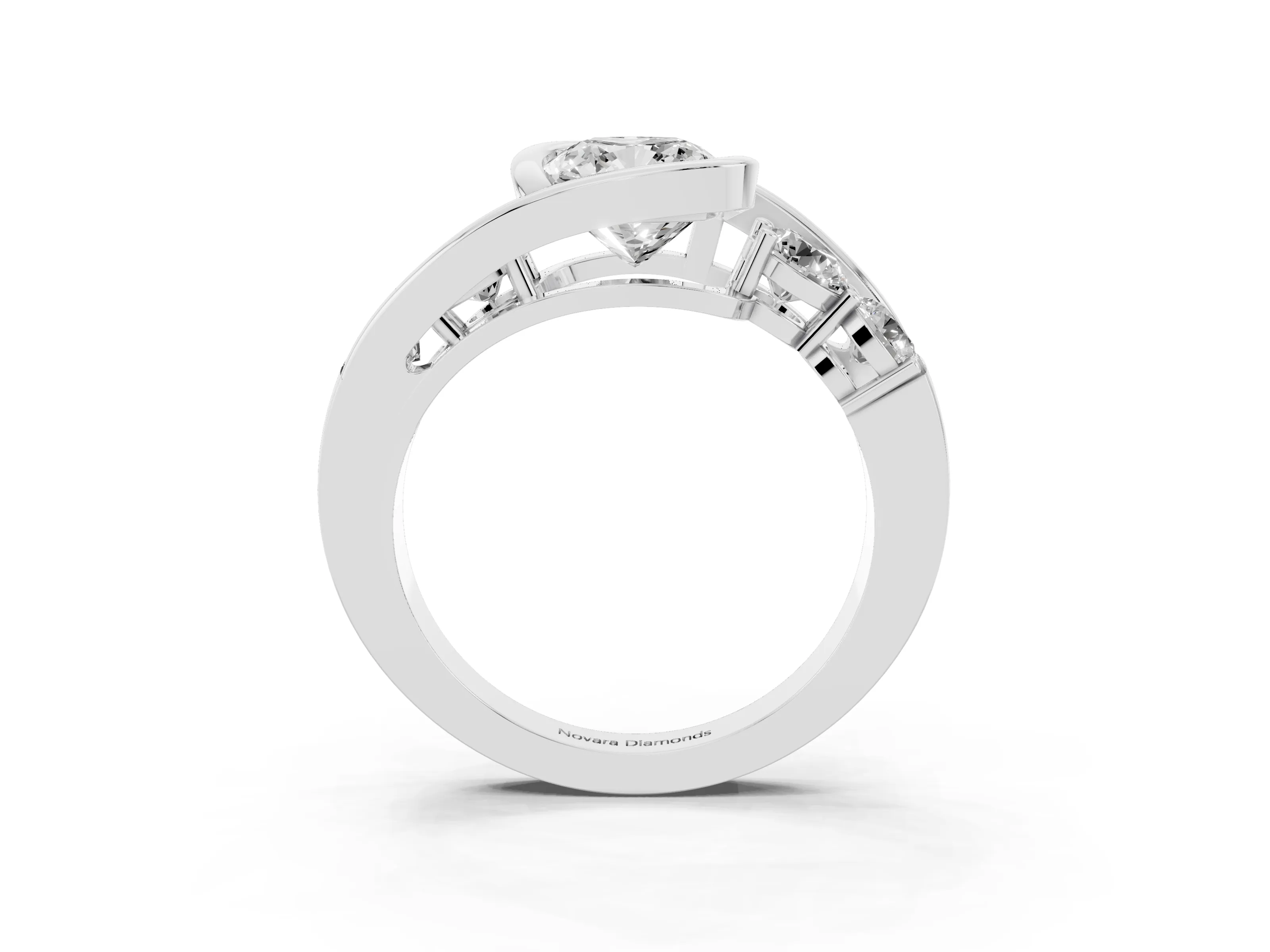 Cushion Cut Diamond Bezel Bypass Ring Set in Platinum with Round Accents