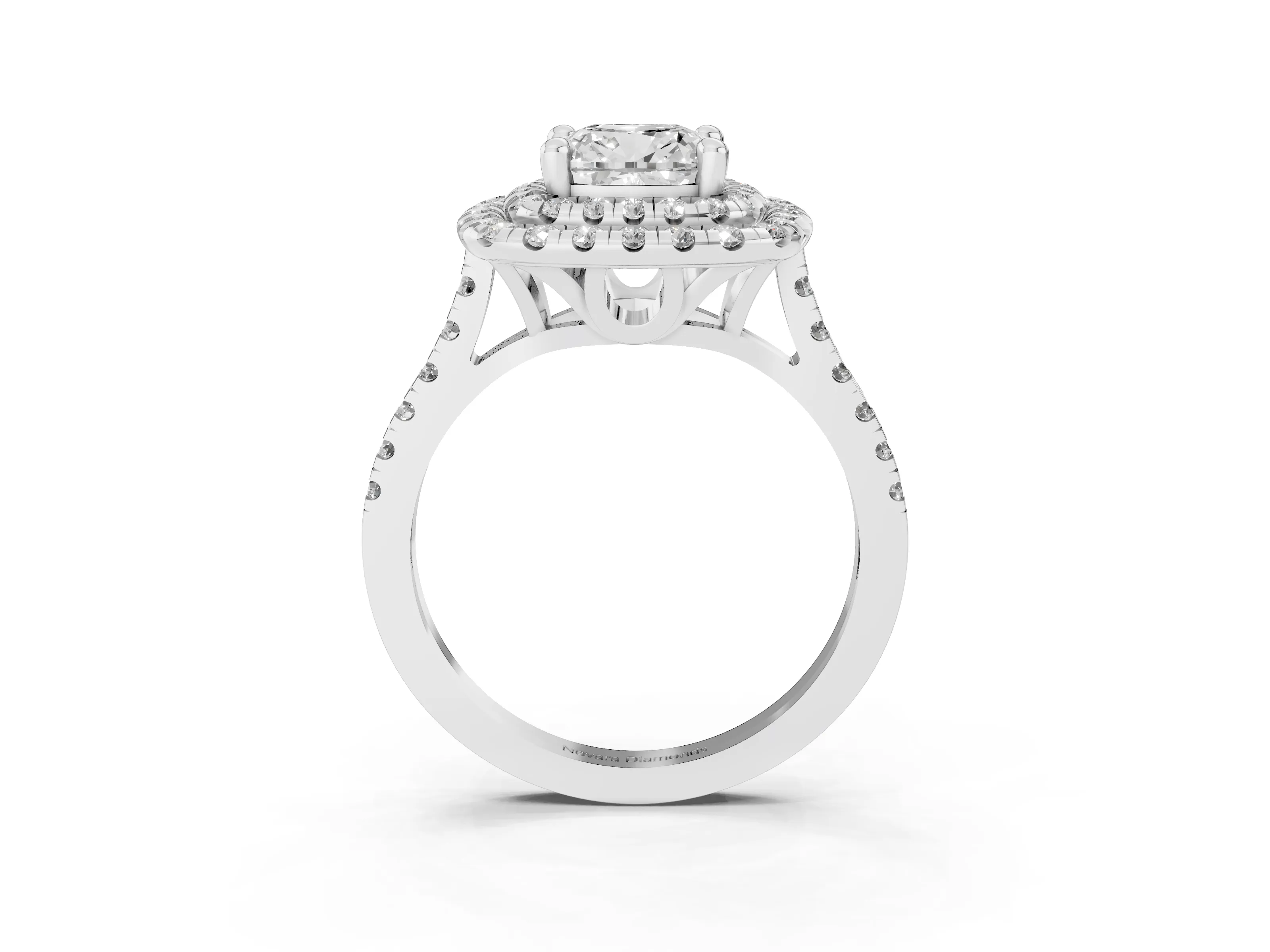 Cushion Cut Diamond Double Halo Statement Ring Set in Platinum with Pavé Band