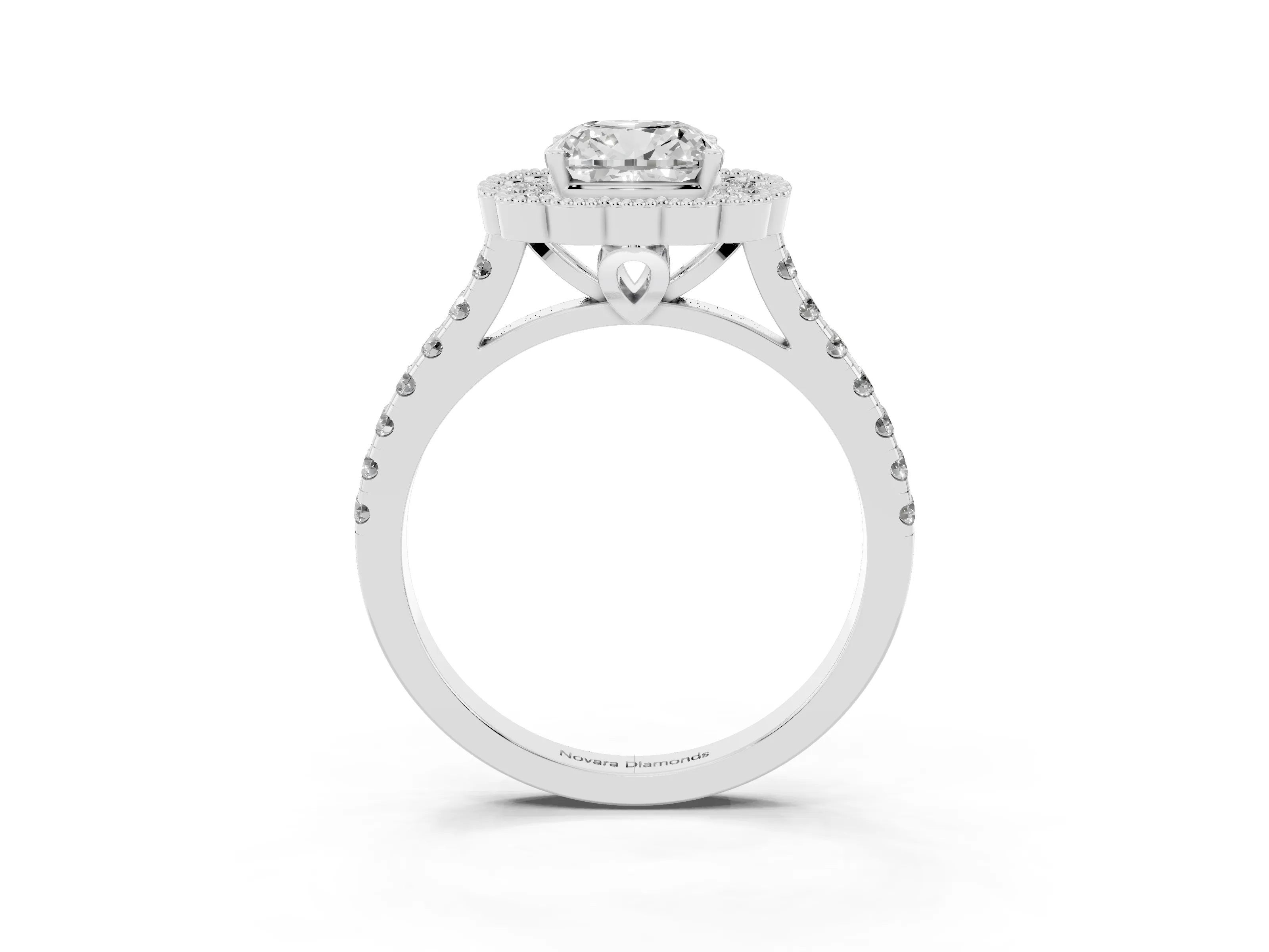 Cushion Cut Diamond Milgrain Floral Halo Engagement Ring Set in Platinum with Pavé Band