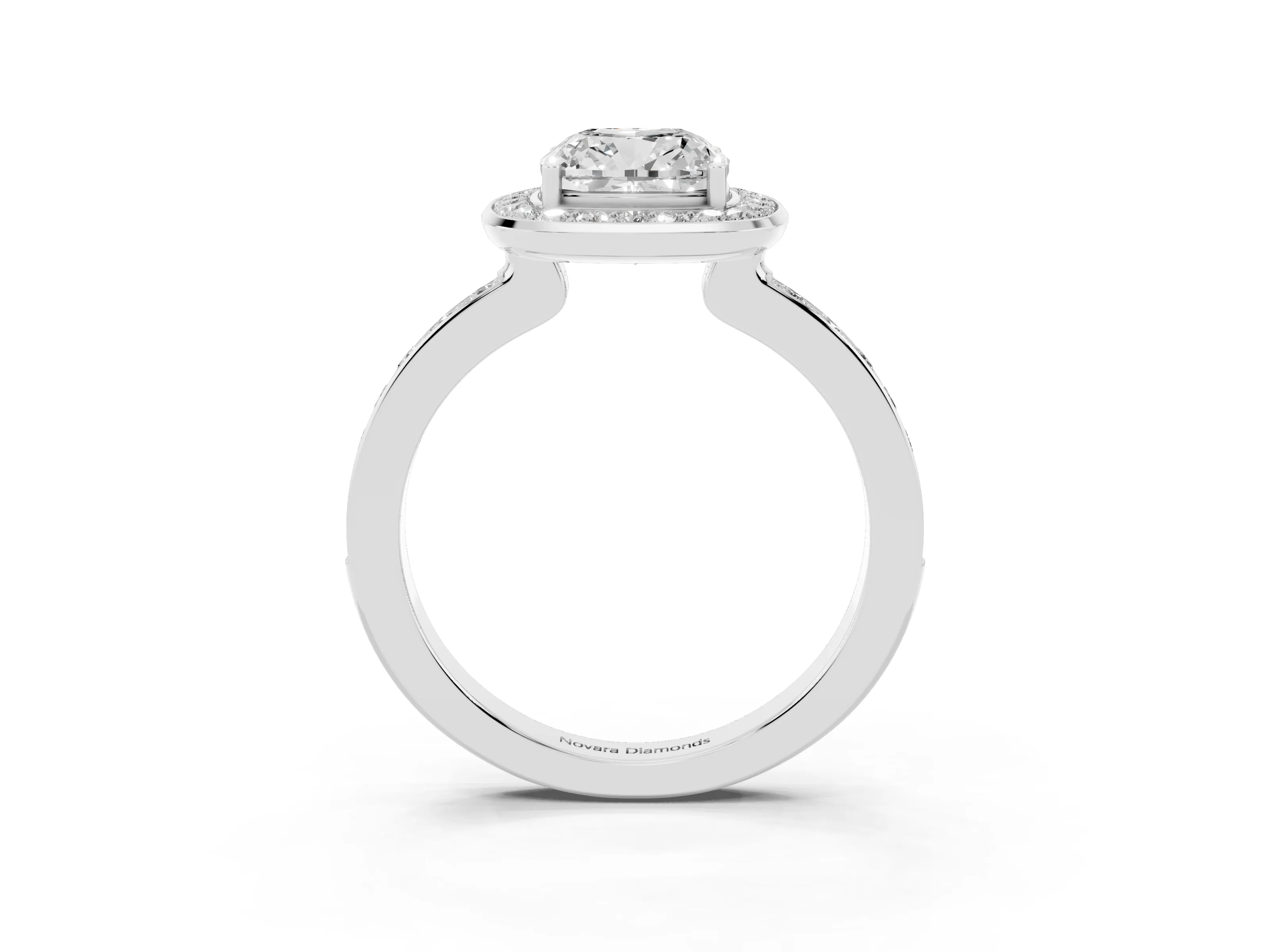 Cushion Cut Diamond Halo Ring Set in Platinum with Bezel Frame and Pavé Band