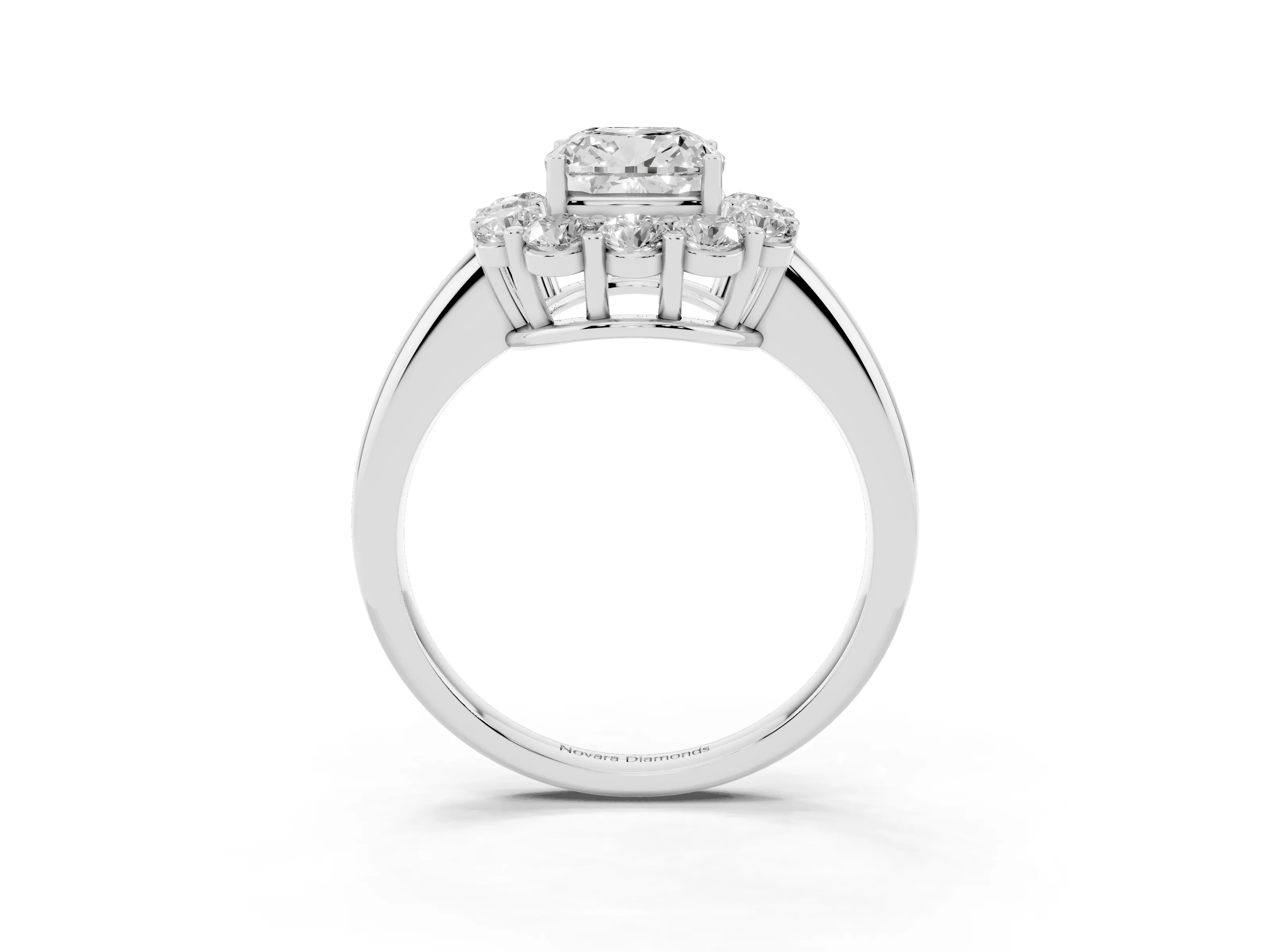 Cushion Cut Diamond Halo Cluster Engagement Ring Set in White gold with Polished Band and Prong Setting