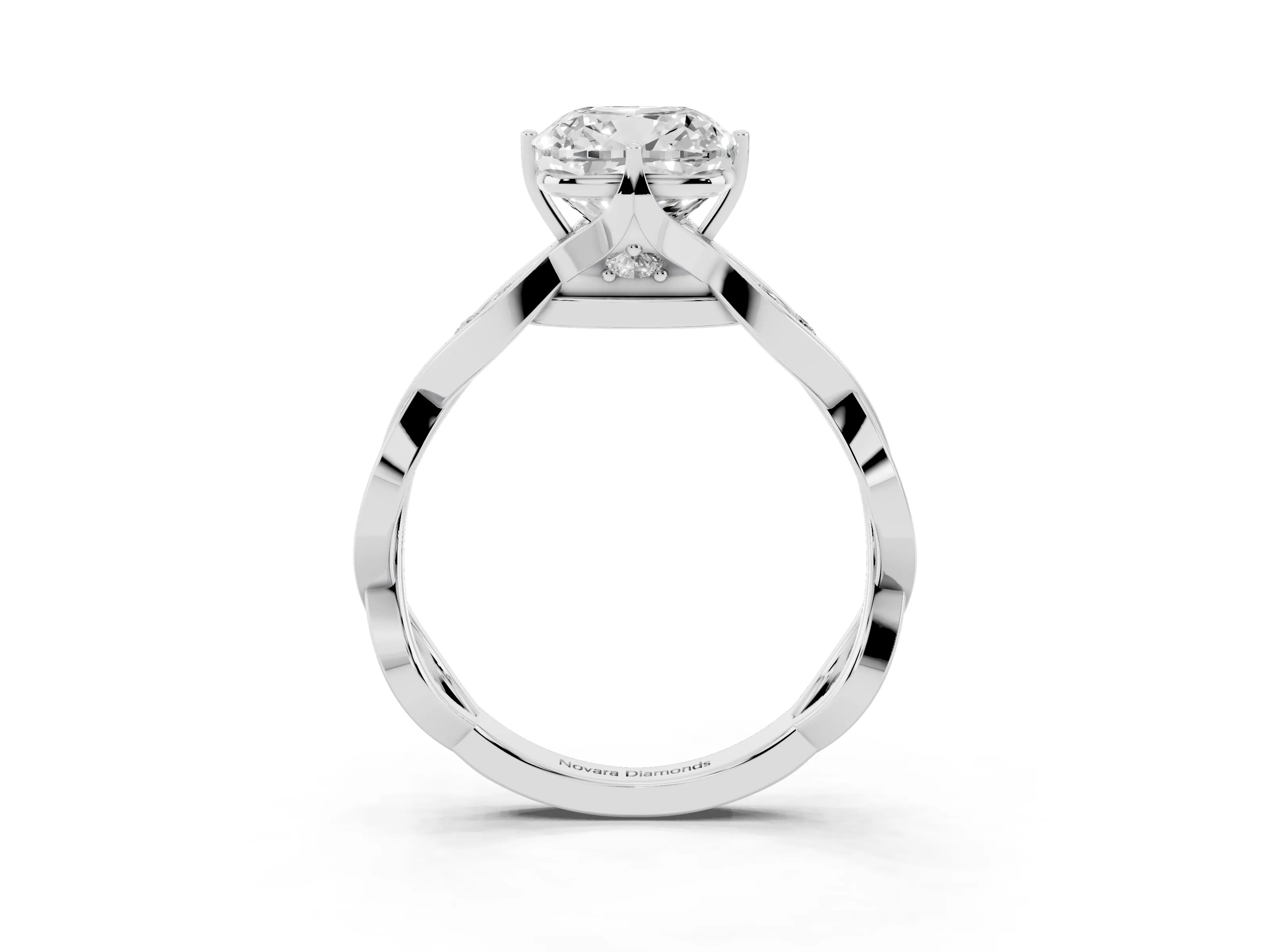 Cushion Cut Diamond Twist Band Solitaire Ring Set in Silver with Leaf Prong Setting and Accent Stones