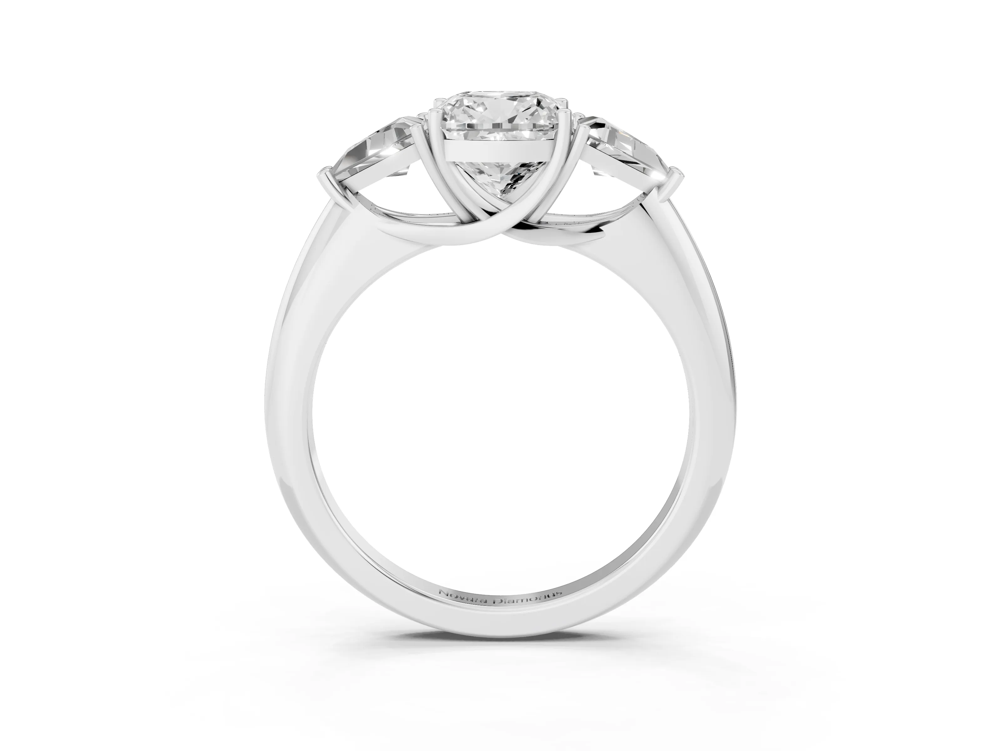 Cushion Cut Diamond Three-Stone Engagement Ring Set in White gold with Trillion Side Stones