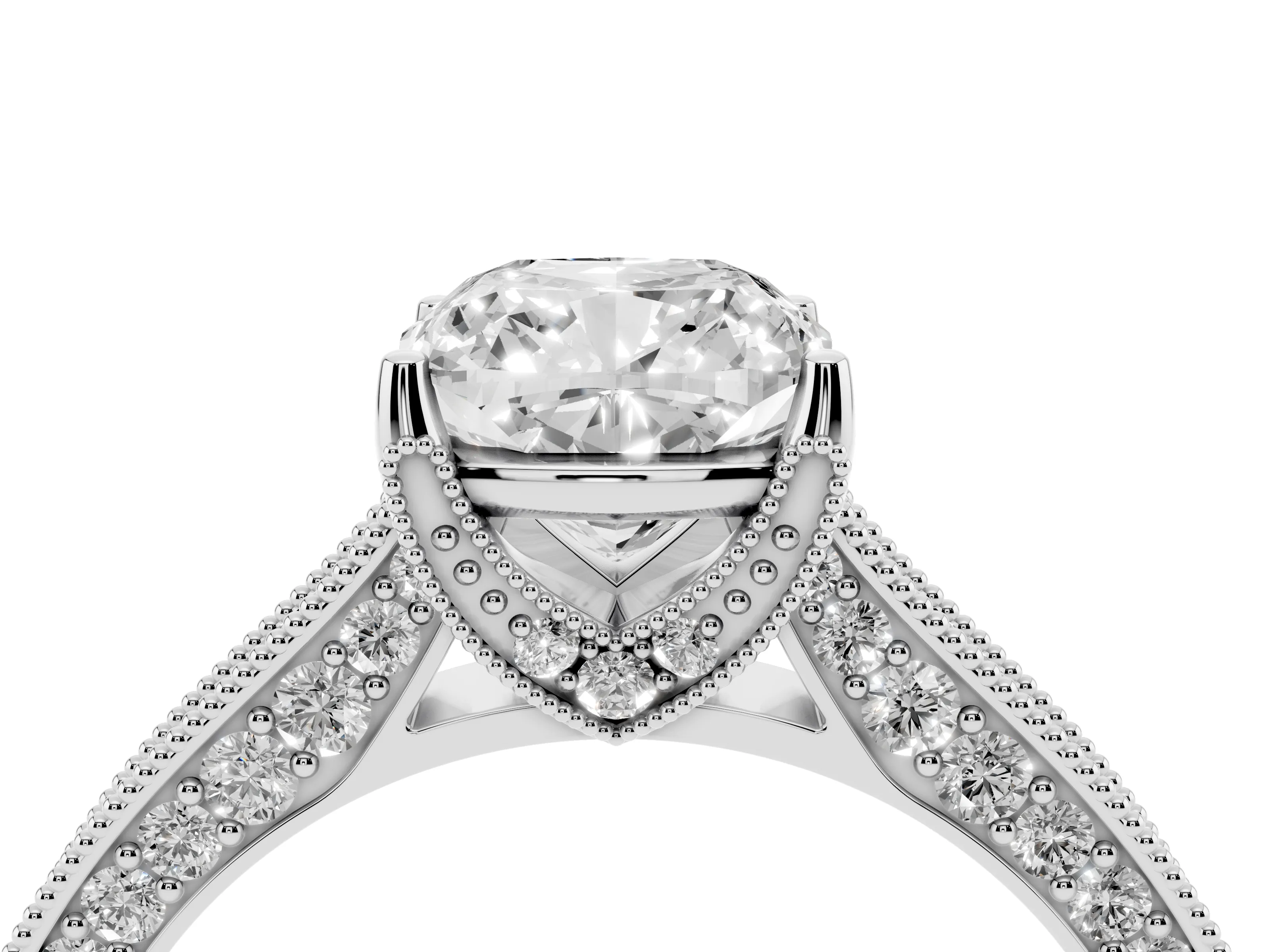 Cushion Cut Diamond Solitaire Ring Set in Silver with Milgrain-Edged Pavé Band and Prong Setting
