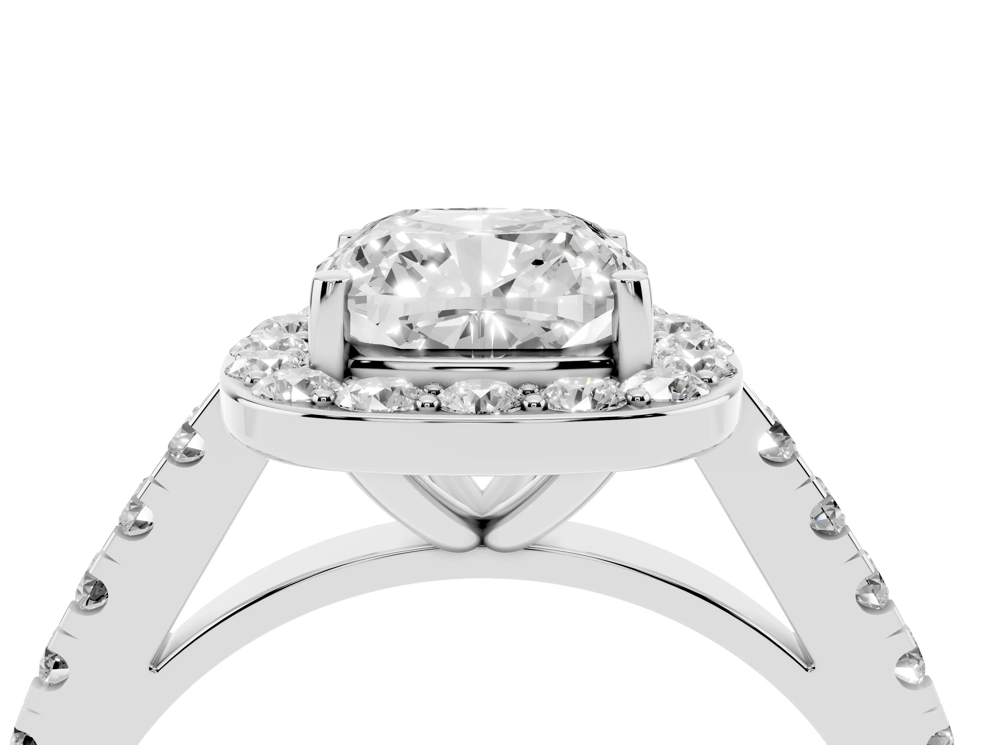 Cushion Cut Diamond Halo Ring Set in Silver with Round Pavé Split Shank and Prong Setting