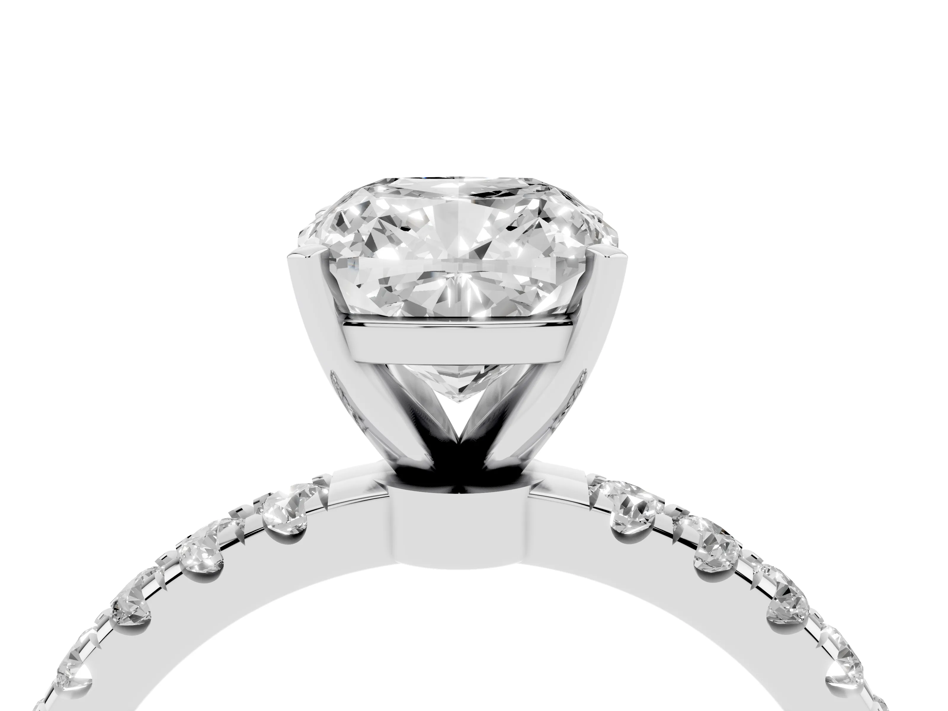 Cushion Cut Diamond Solitaire Ring Set in White gold with Pavé Accents and Prong Setting